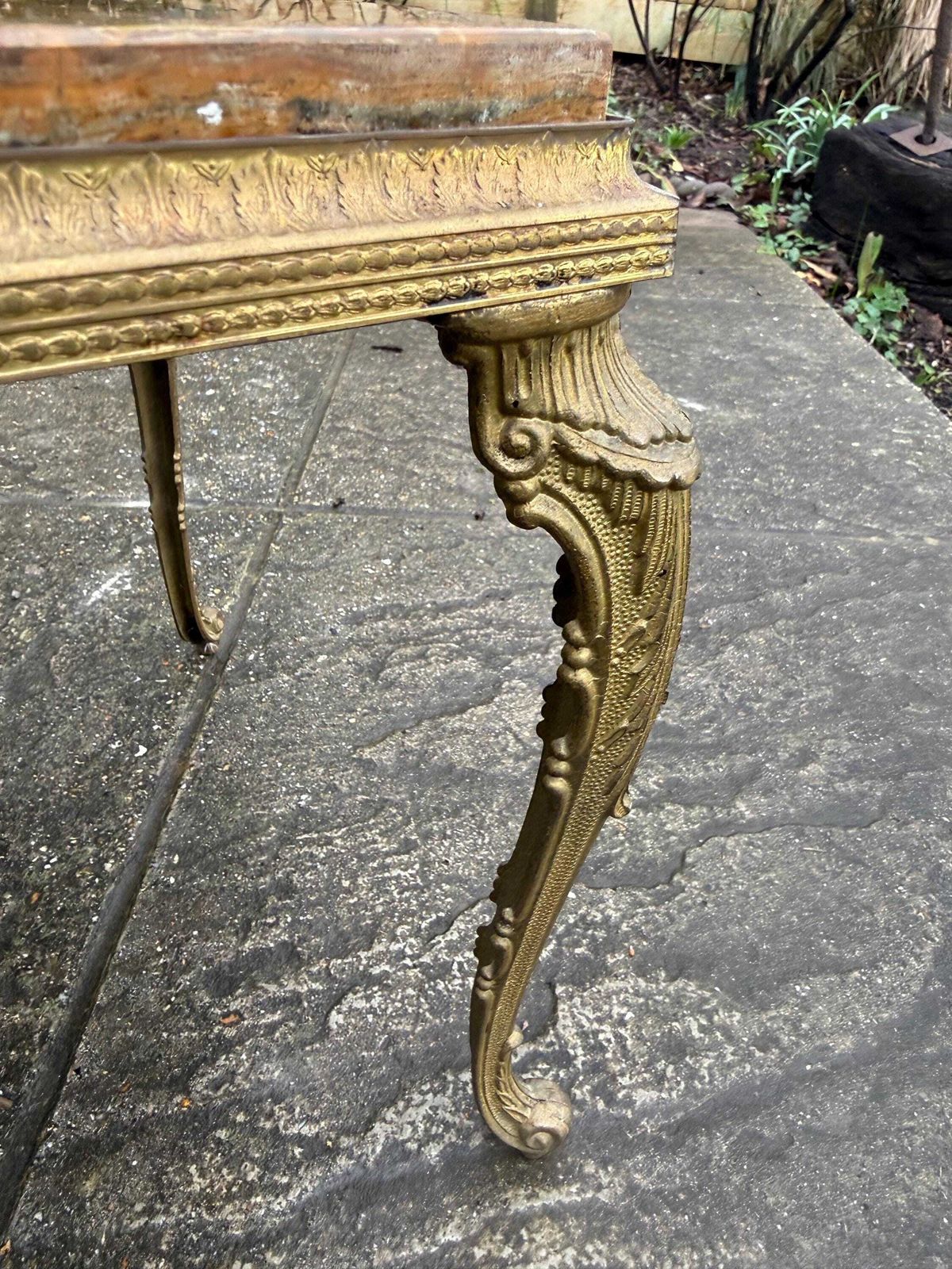 photo vintage Authentic Retro Brass Detailed Side Table With Marble Onyx Top Retro Neoclassical Style