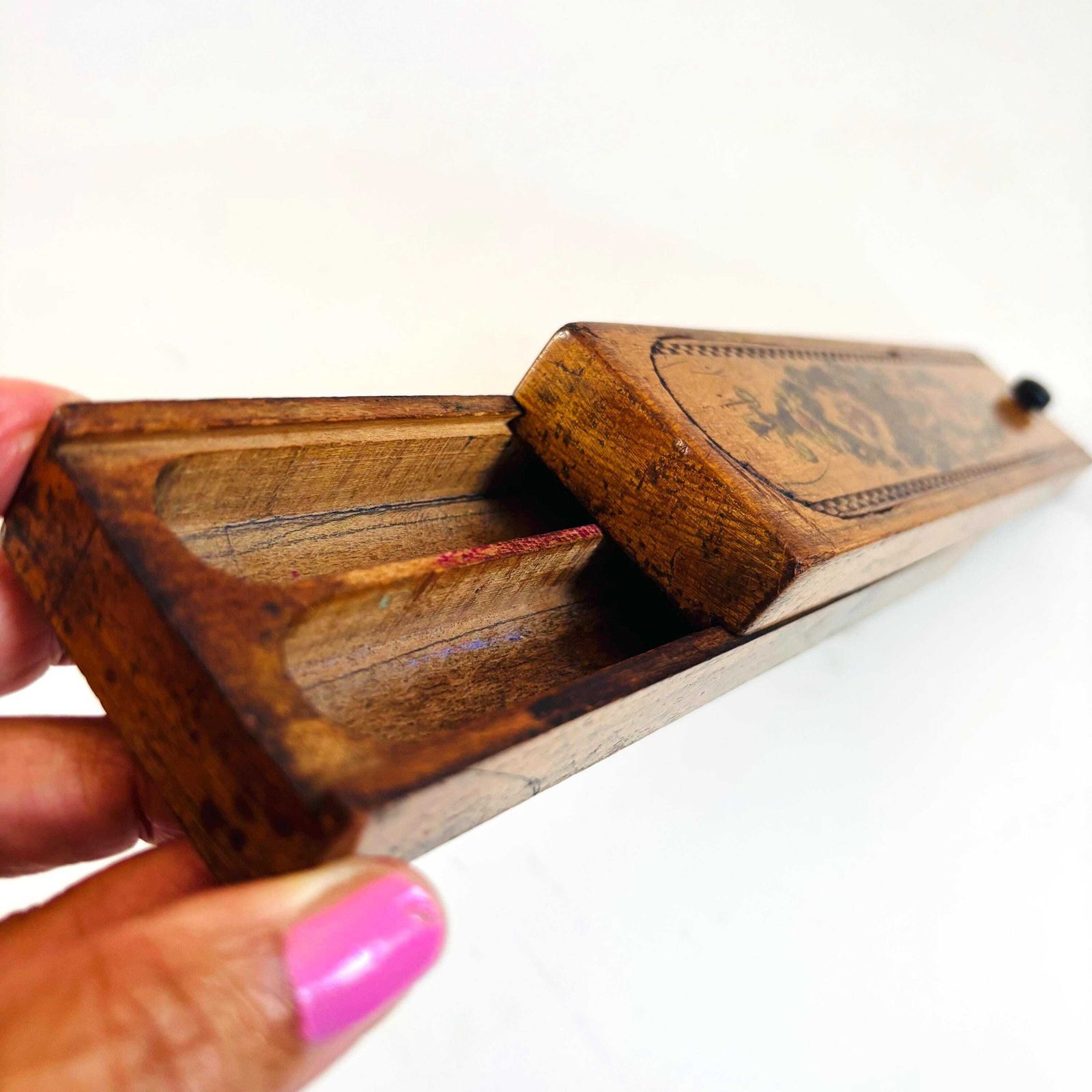 Antique Tunbridge Victorian Beech Wood Pencils Artists Box With Secret Sliding Compartments 1900s photo for sale
