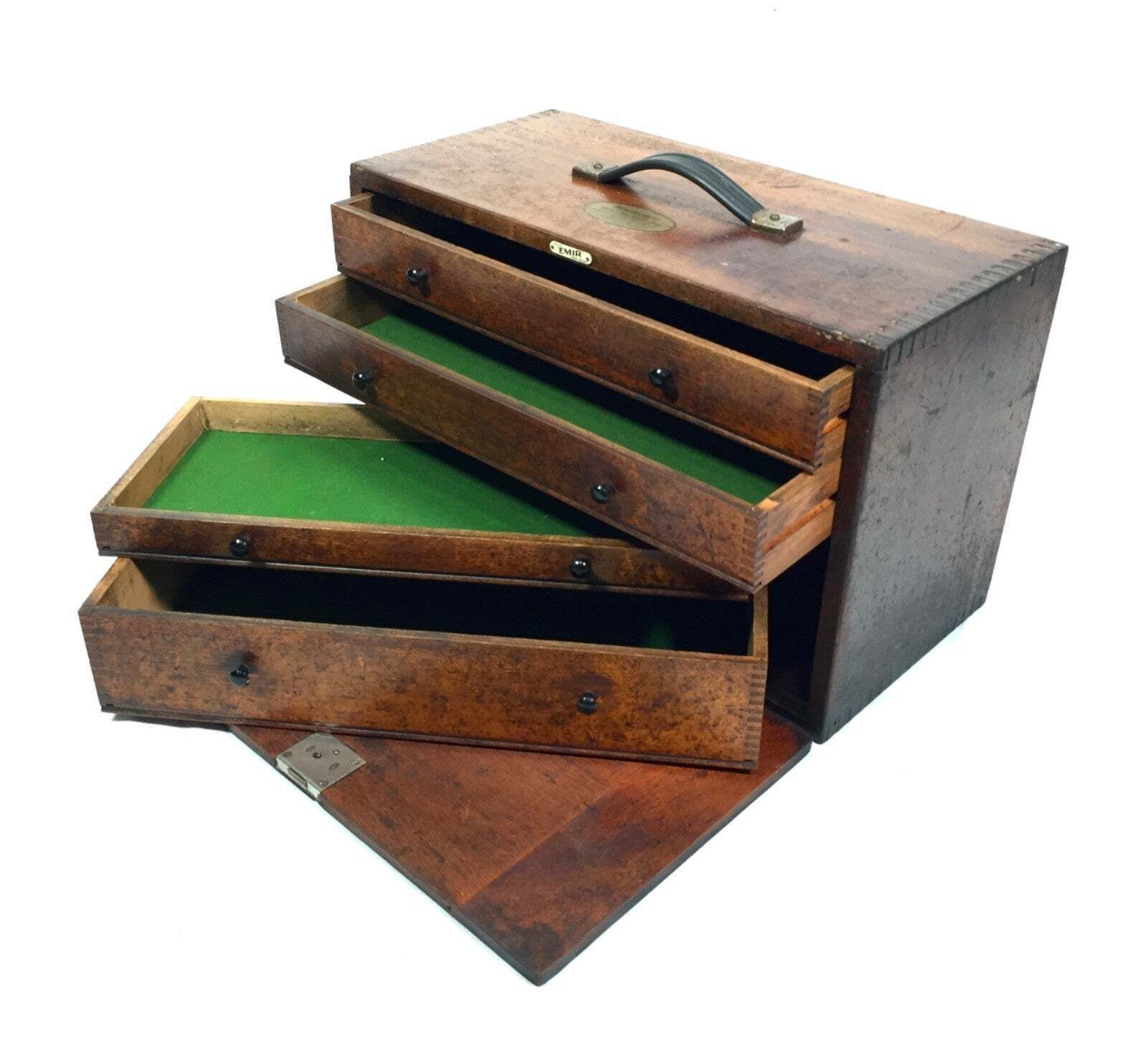 Antique Wooden Engineers Toolbox / Collectors Cabinet By Emir With Key C.1950 photo vinterior