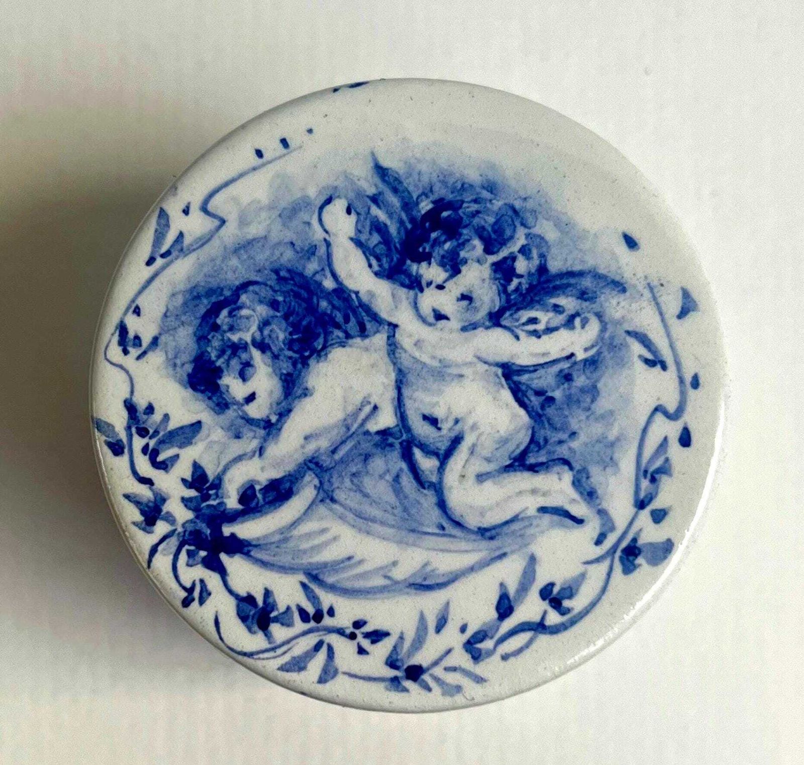 Vintage Rouen Style Blue & White Cherub Trinket Box – Hand Painted French Faience Pot / Putti Lidded Jewellery Box