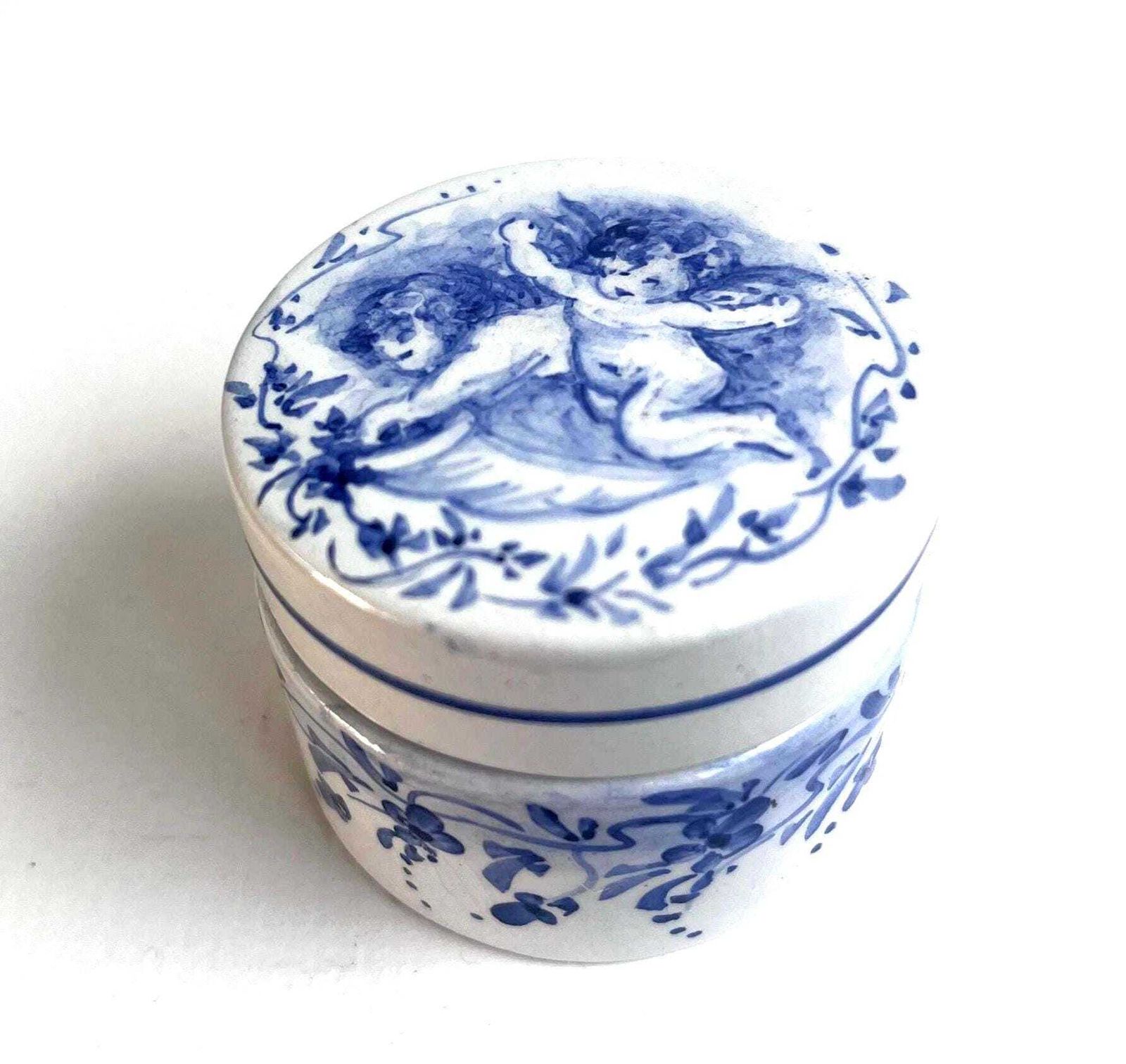 Vintage Rouen Style Blue & White Cherub Trinket Box – Hand Painted French Faience Pot / Putti Lidded Jewellery Box photo furniture