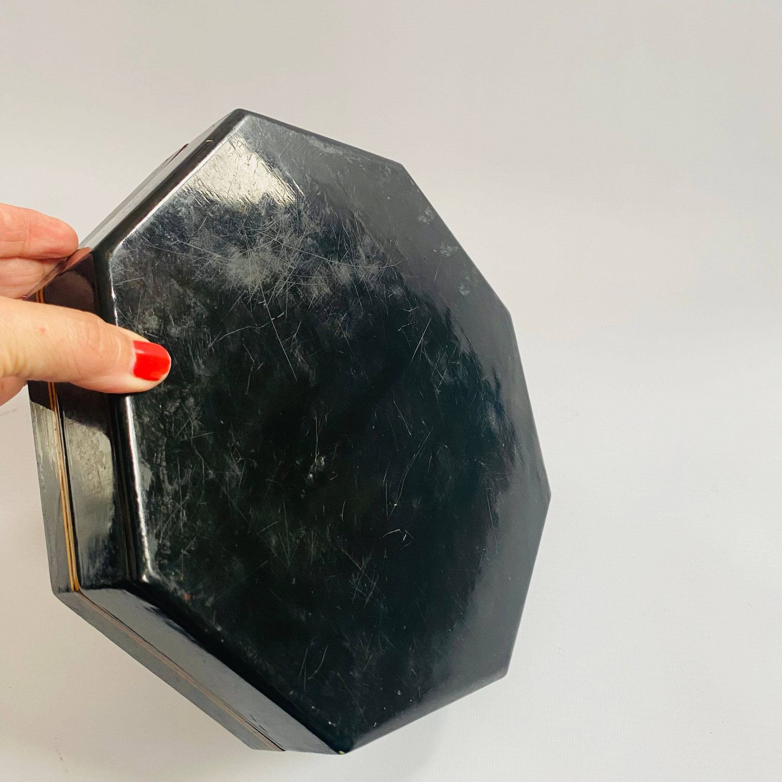 Antique Japanese Lacquerware Box: Octagonal Keepsake With Mother Of Pearl Inlay photo vintage