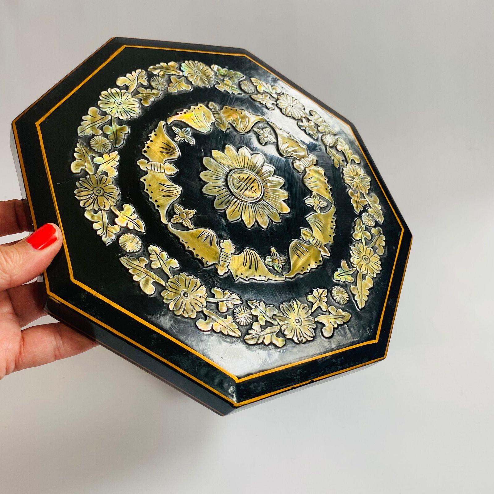 photo for sale Antique Japanese Lacquerware Box: Octagonal Keepsake With Mother Of Pearl Inlay