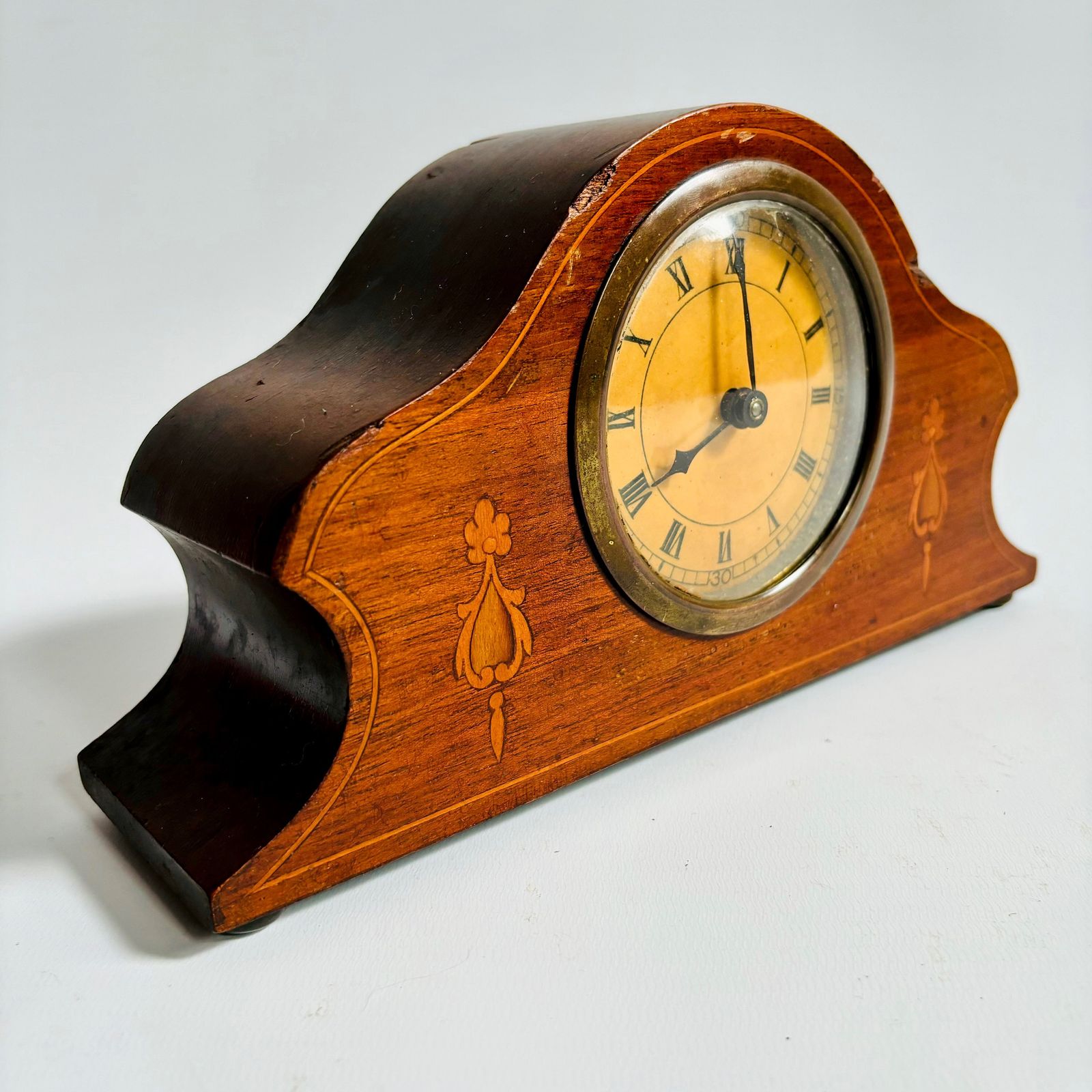 Antique Edwardian Mahogany Mantel Clock With Brass Marquetry (For Restoration) photo Home Decor