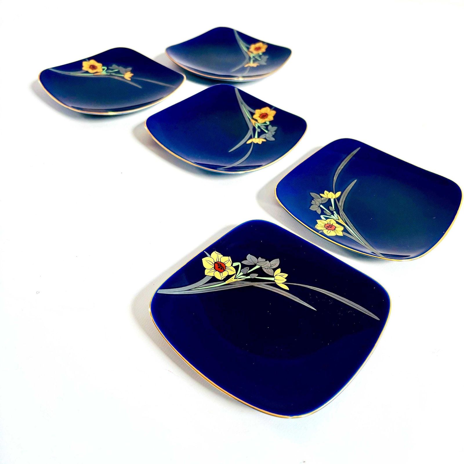 1960s Koransha Arita Porcelain Dessert Dishes: Ruri Blue Irises, Set Of 5