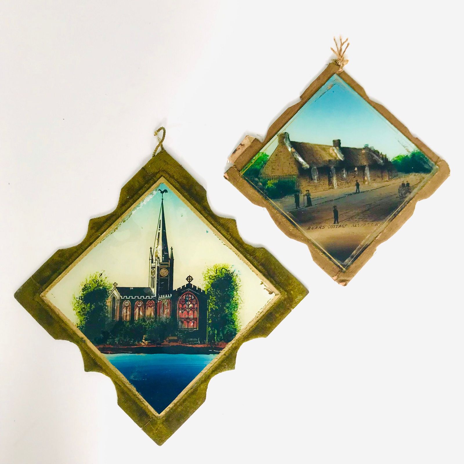 Pair Of Antique Reverse Glass Paintings: Burns Cottage & Alloway Church, Scotland photo furniture