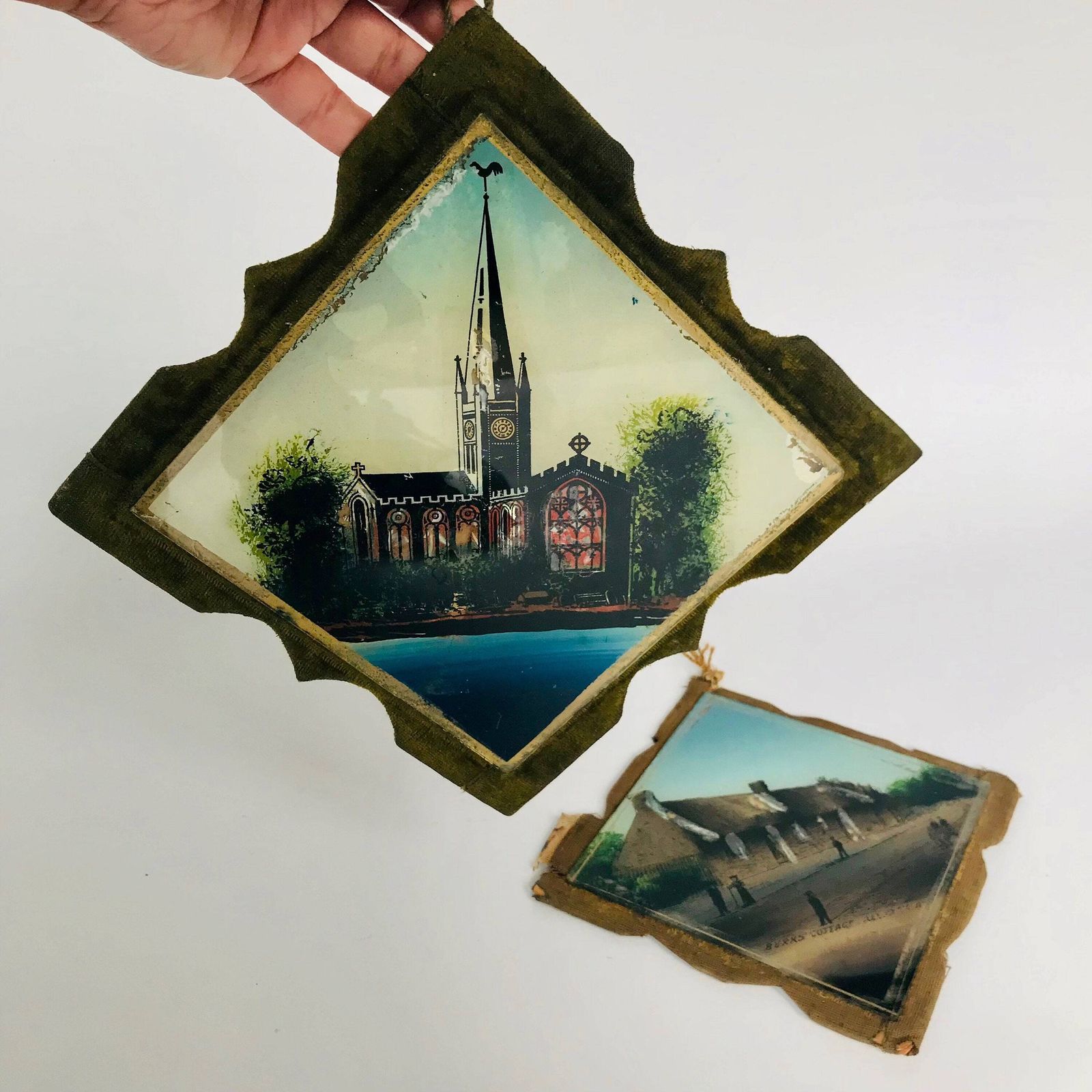 Pair Of Antique Reverse Glass Paintings: Burns Cottage & Alloway Church, Scotland photo 112.0