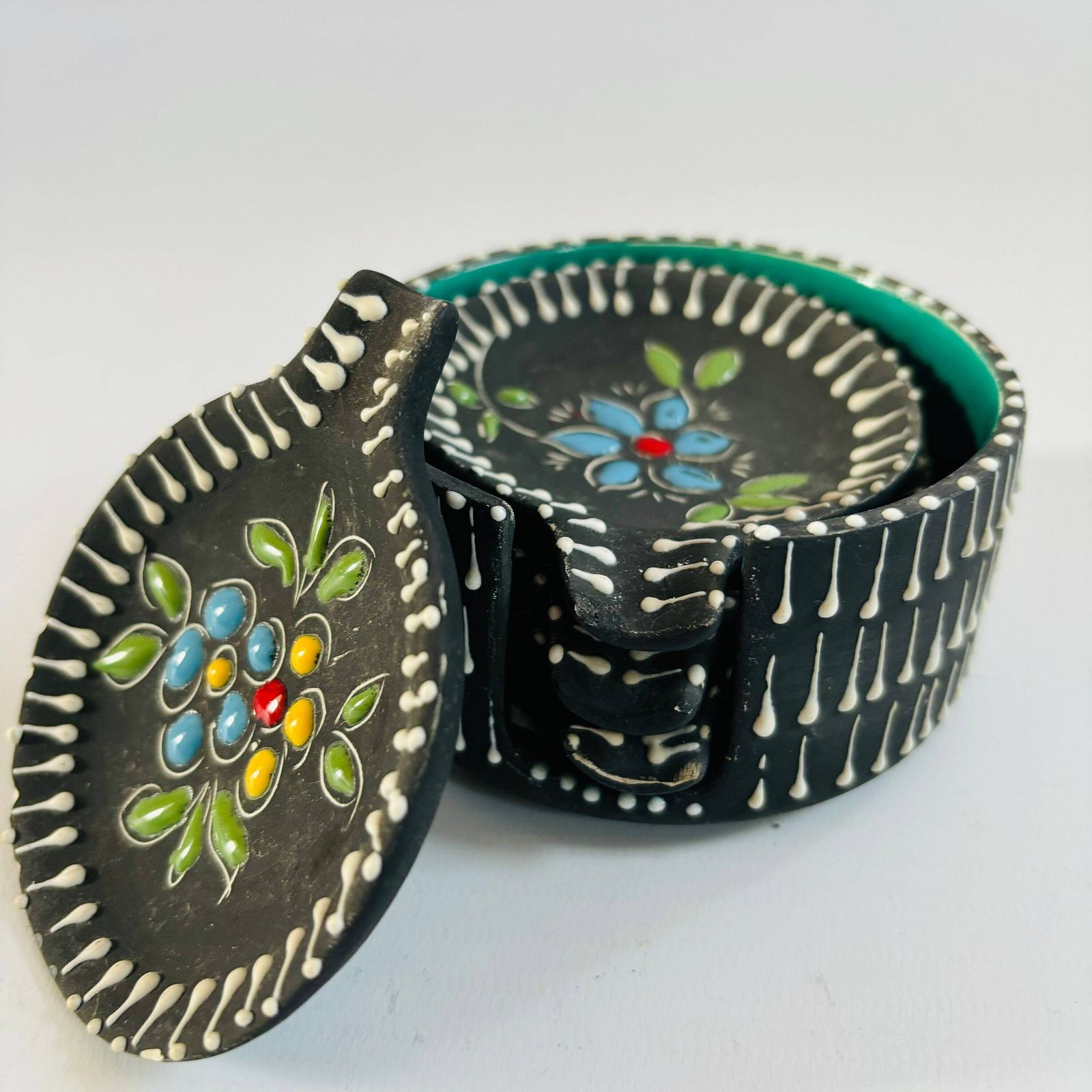 Mcm San Marino Ceramic Ashtray Set: Turquoise Glaze, Embossed Floral Dishes photo vinterior
