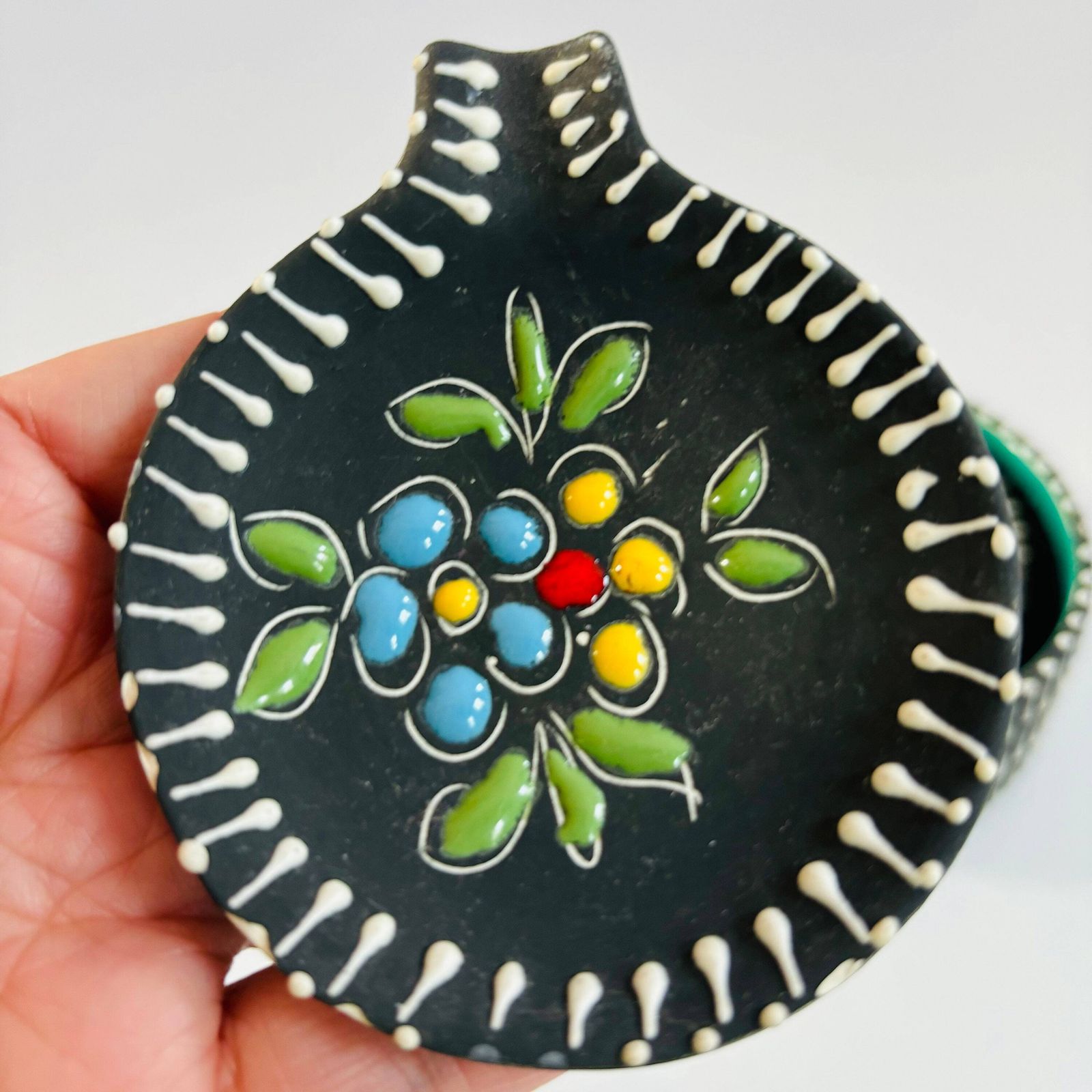 photo furniture Mcm San Marino Ceramic Ashtray Set: Turquoise Glaze, Embossed Floral Dishes