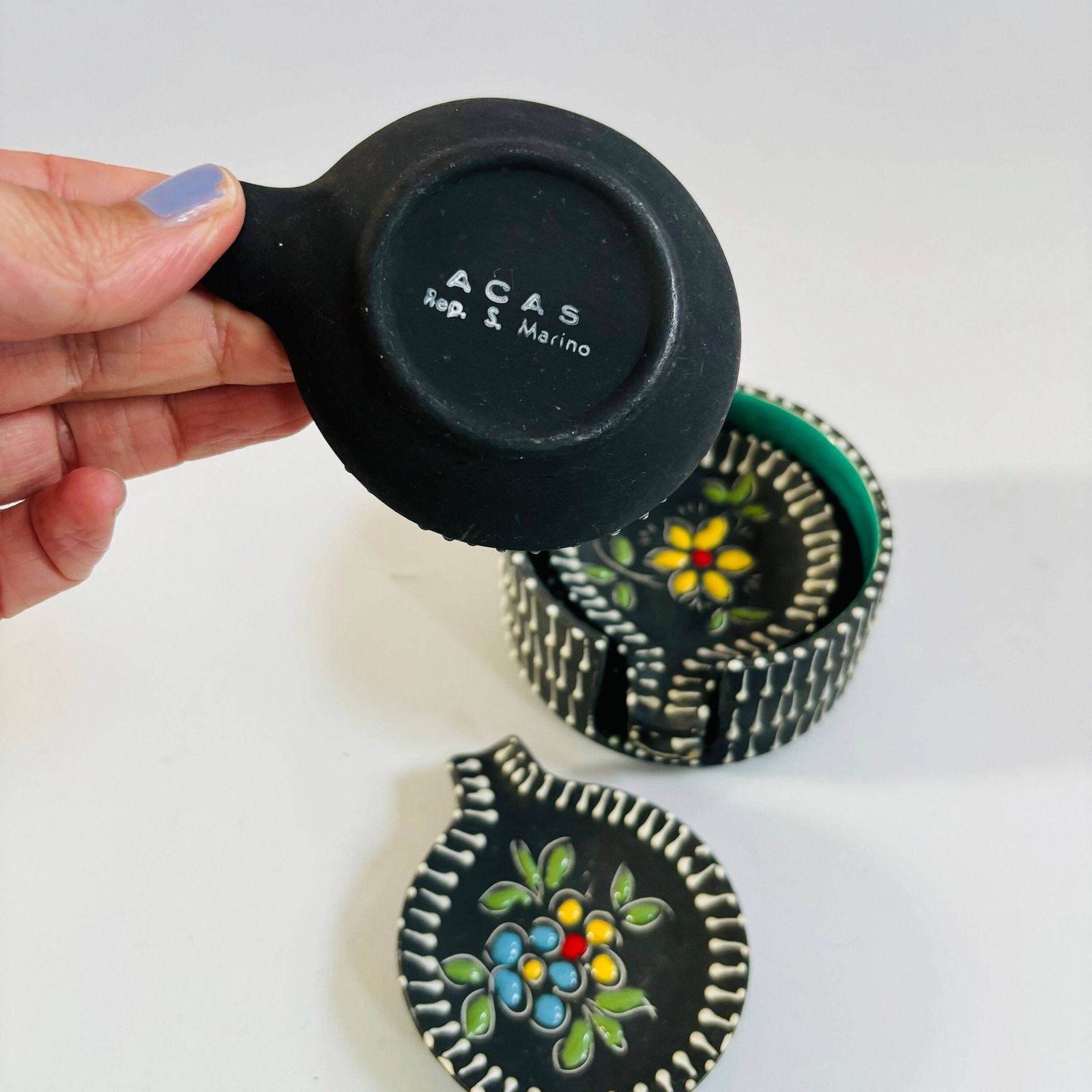 photo for sale Mcm San Marino Ceramic Ashtray Set: Turquoise Glaze, Embossed Floral Dishes