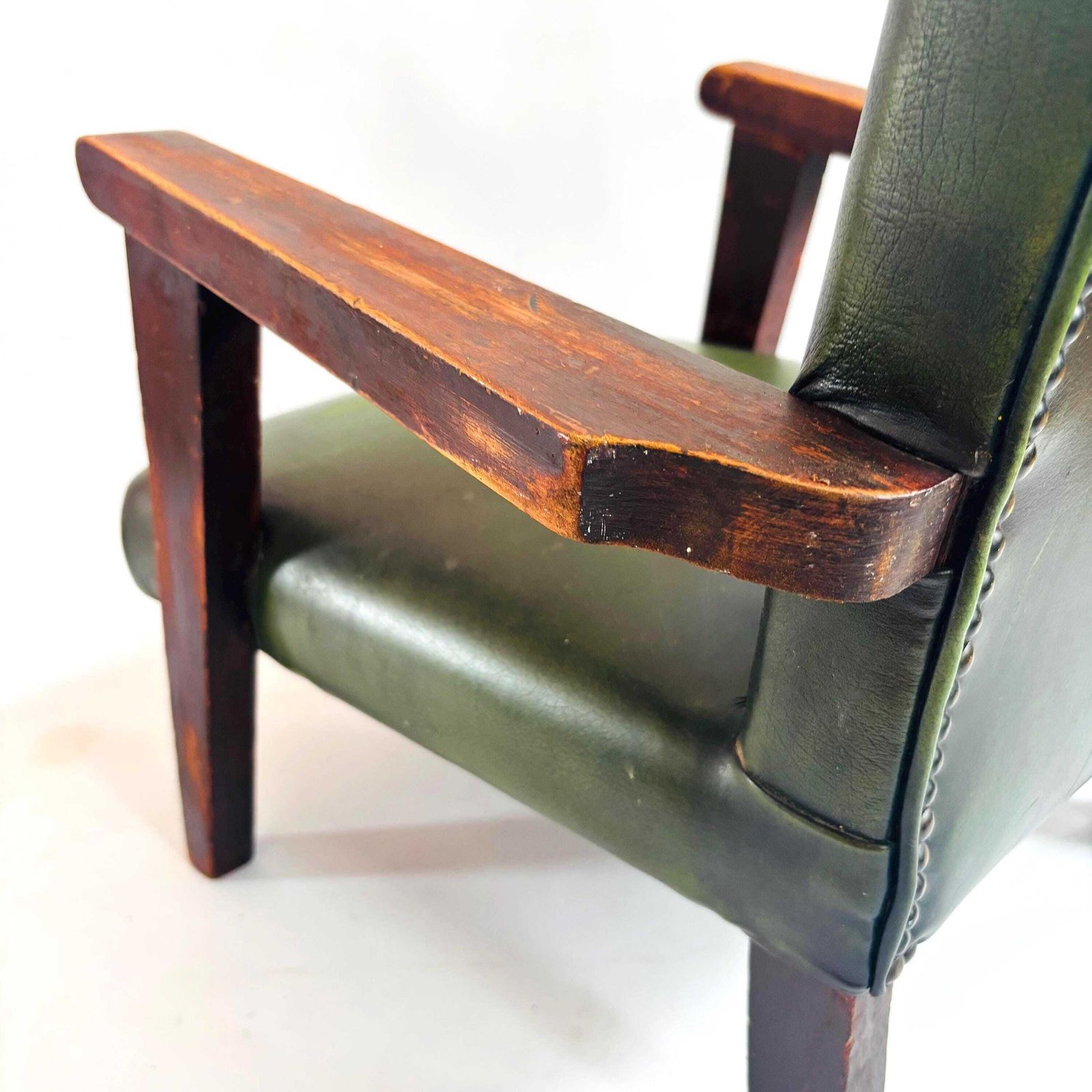 Mid Century Modern Child's Chair: Oak & Hunter Green Leather, Scandinavian Retro Style photo for sale