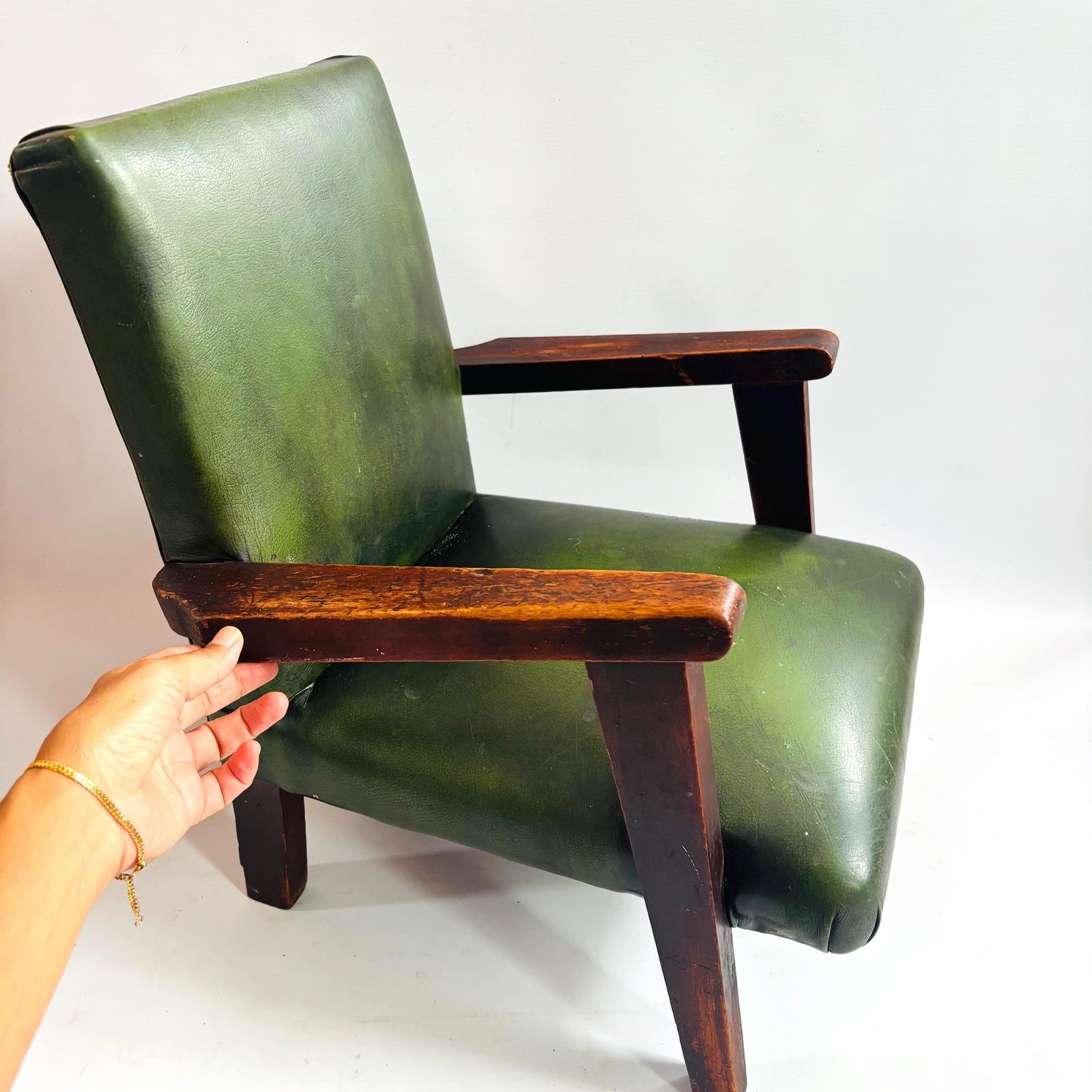 photo furniture Mid Century Modern Child's Chair: Oak & Hunter Green Leather, Scandinavian Retro Style
