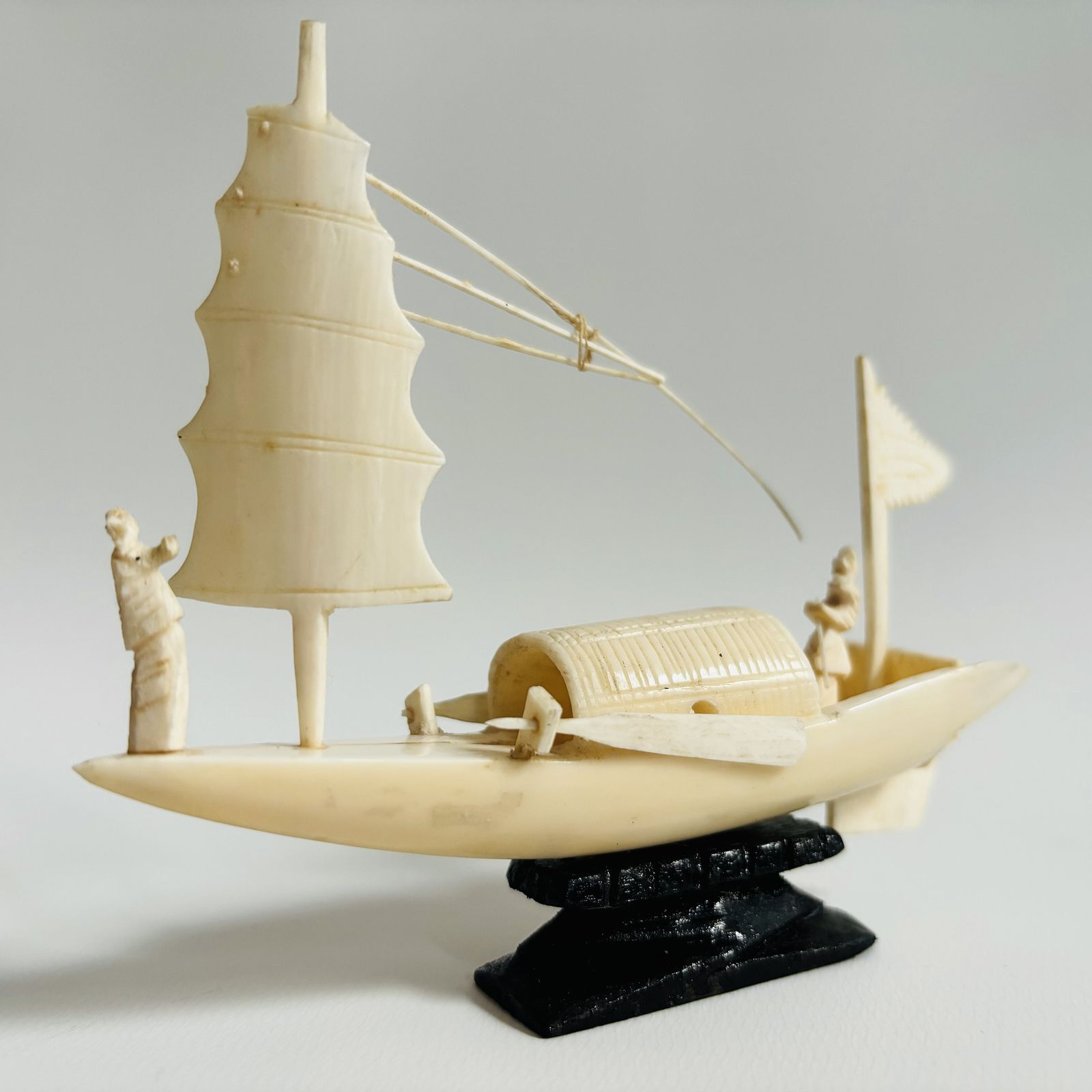 Antique Chinese Resin Ship Miniature: Fisherman Boat Ornament