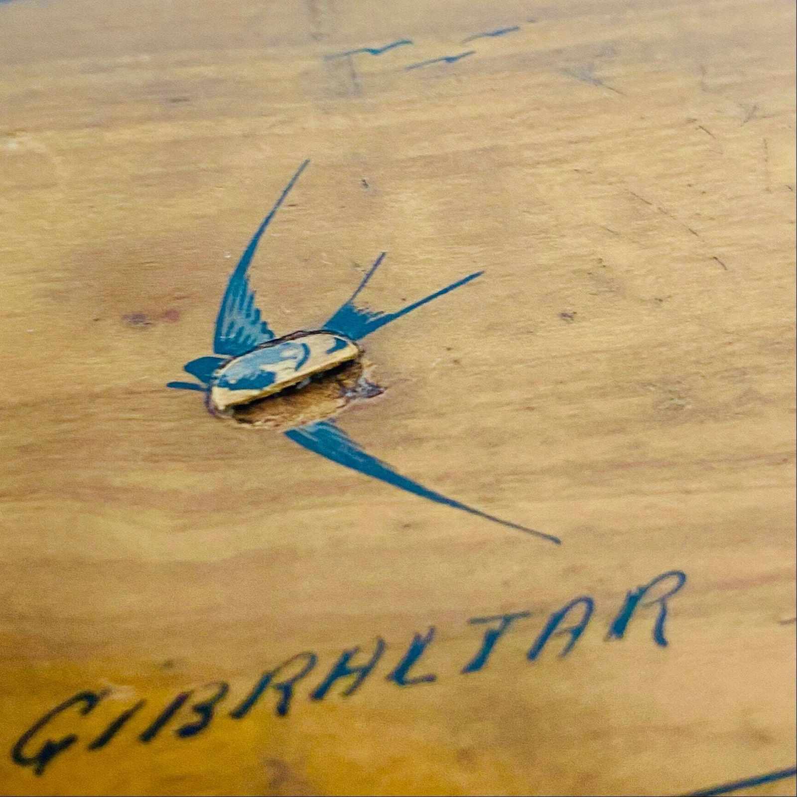 Antique Olive Wood Puzzle Box: Gibraltar Souvenir With Painted Swallows photo buy