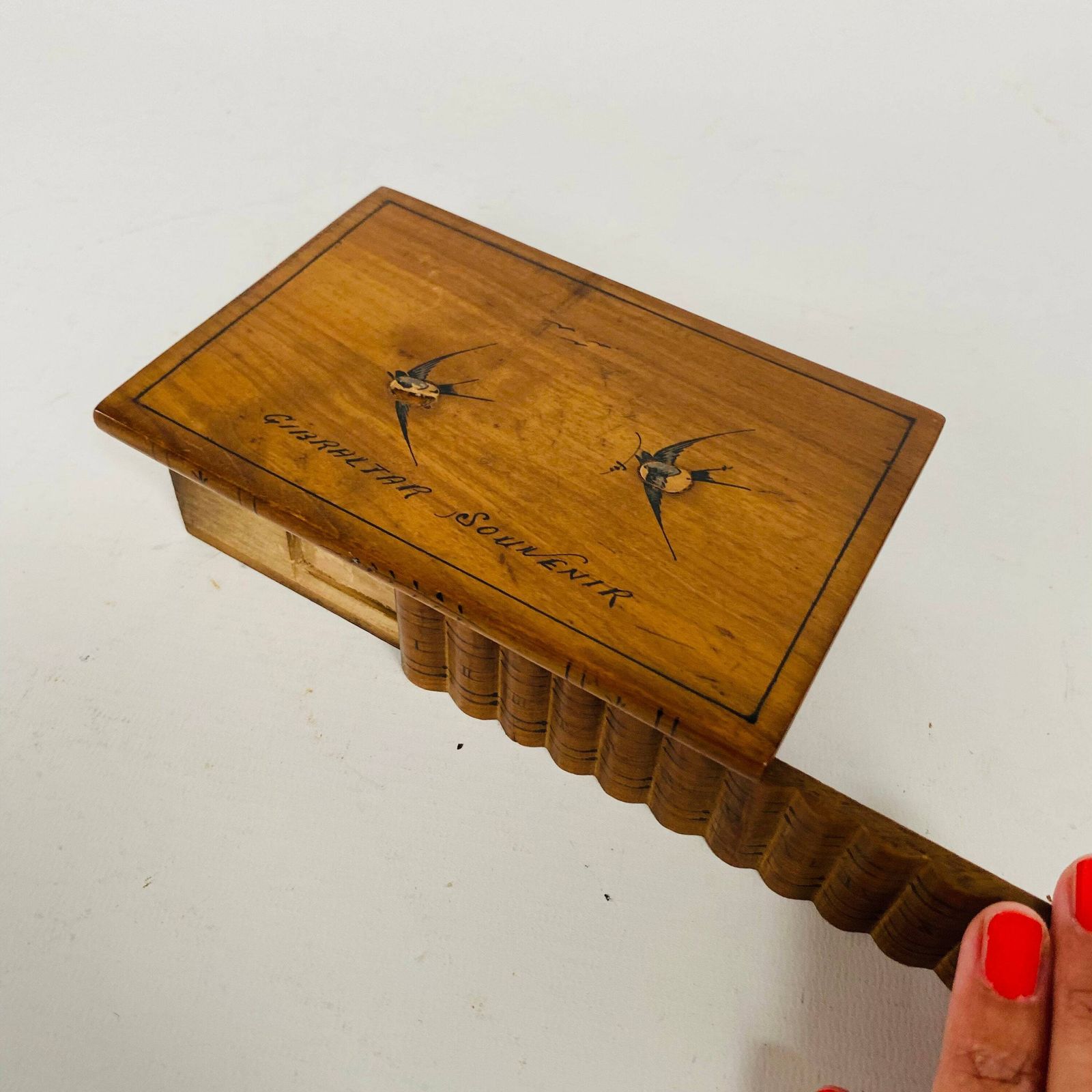 Antique Olive Wood Puzzle Box: Gibraltar Souvenir With Painted Swallows photo vintage