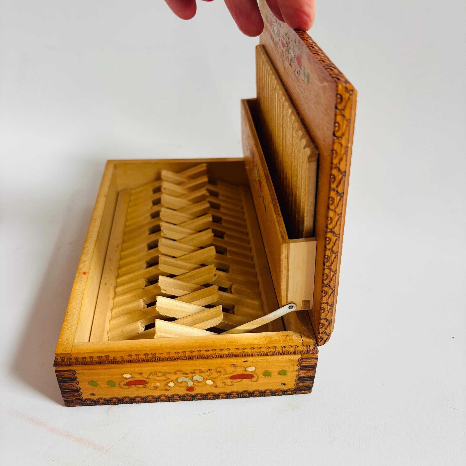Vintage Folk Art Inlaid Wood Naive Art Box – Mid Century 1960s Handcrafted Cigarette Dispenser photo vintage