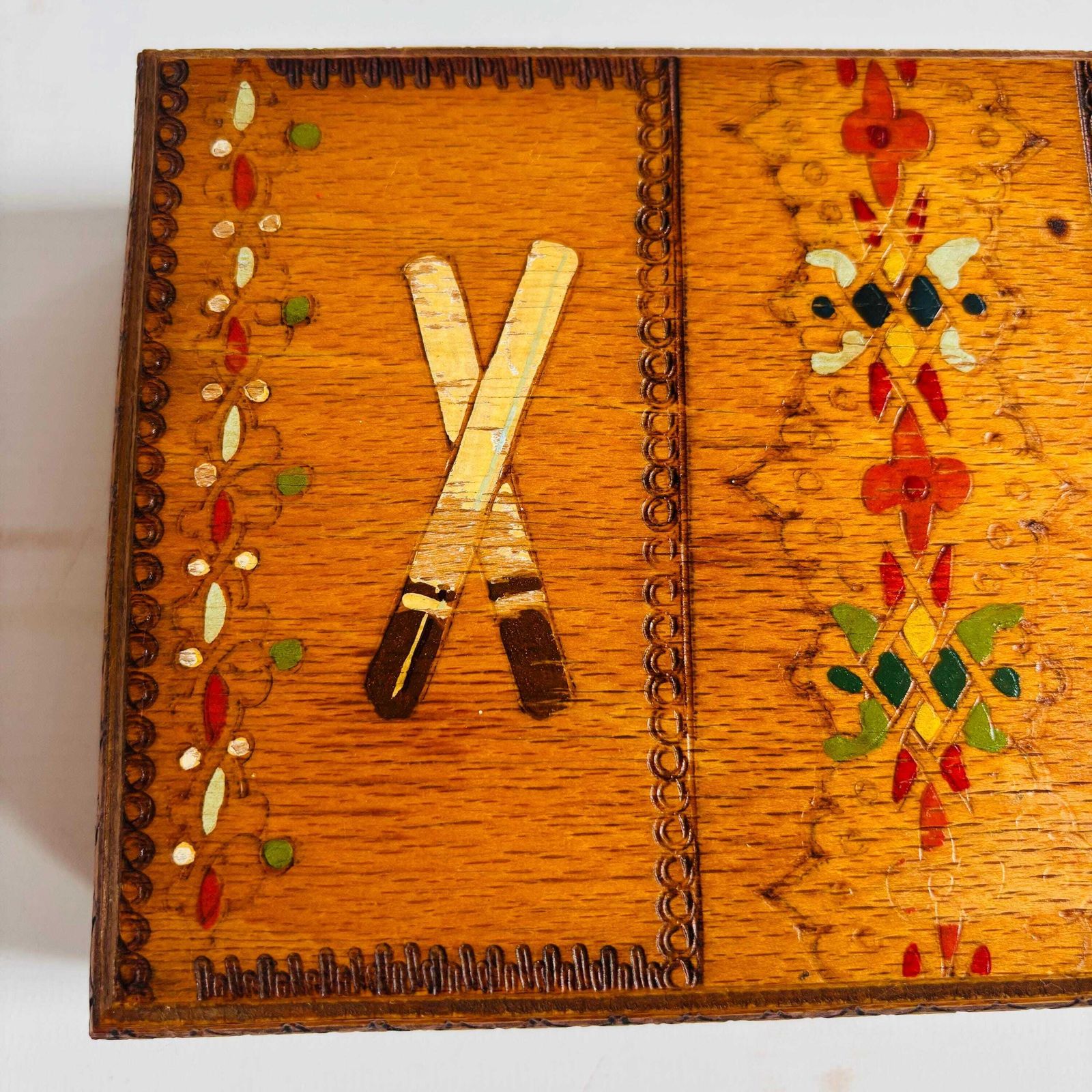 photo for sale Vintage Folk Art Inlaid Wood Naive Art Box – Mid Century 1960s Handcrafted Cigarette Dispenser