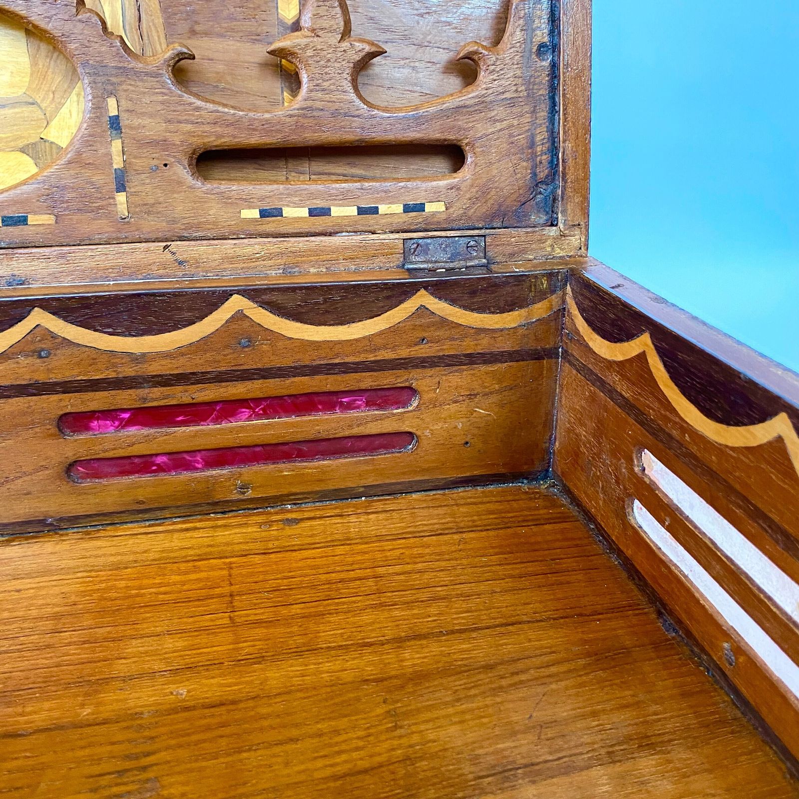 Sorrento Marquetry Suitcase: Antique Olive & Cherry Wood Folk Art photo vintage