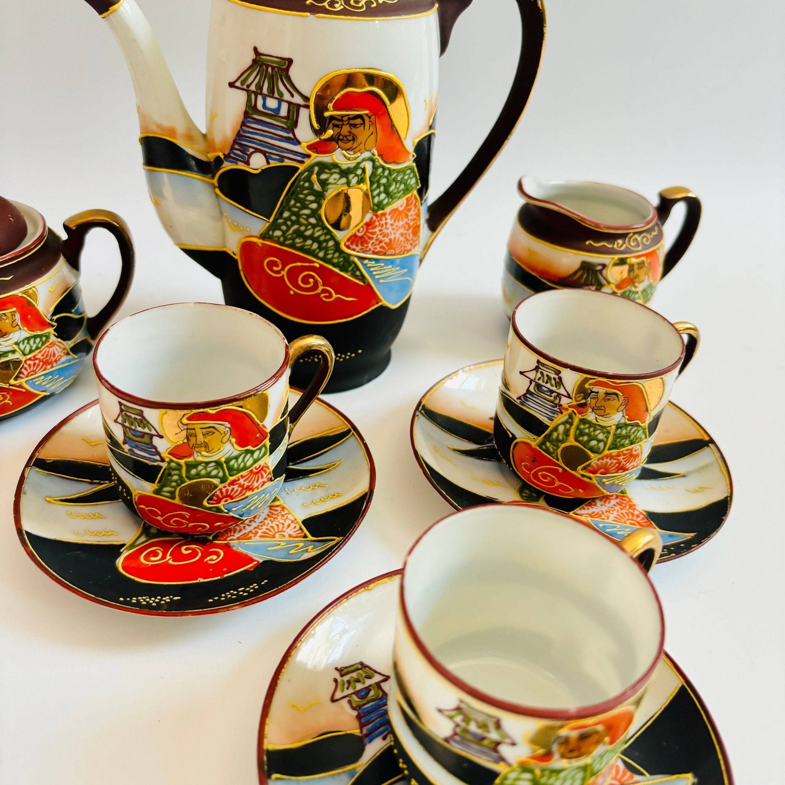 Vintage 1930s Japanese Satsuma Porcelain Tea Set: Gilded Enamel, 6 Piece photo for sale