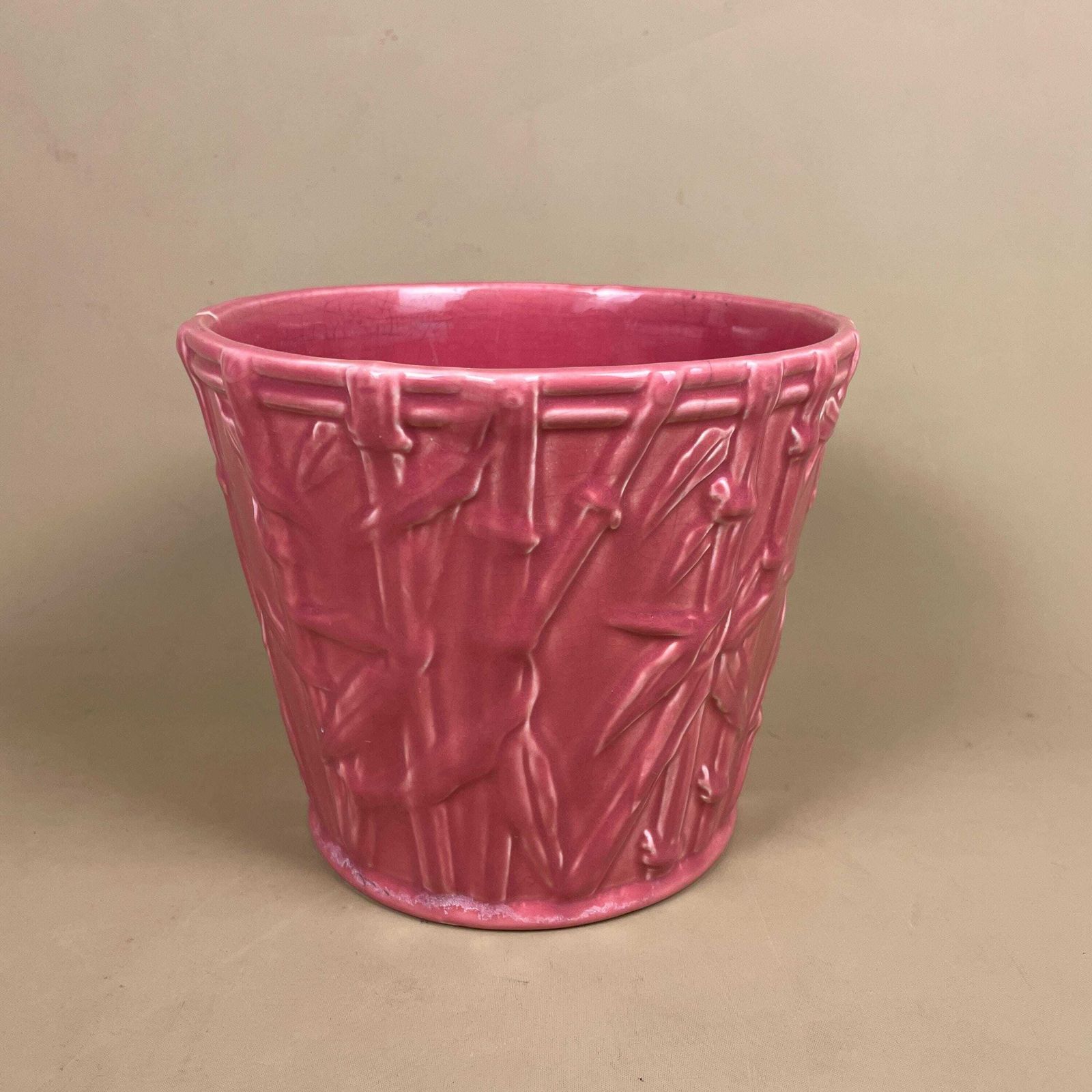 Pink Ceramic Planter Pot Bamboo Pattern Vintage Asian Style Glazed Flower Pot Home Decor Mid Century Oriental Japanese Style