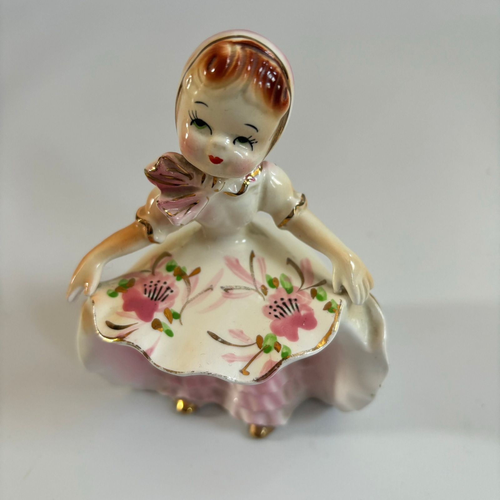 photo for sale Vintage Lefton Ceramic Flower Girl Figurine: 1950s Japanese Ornament