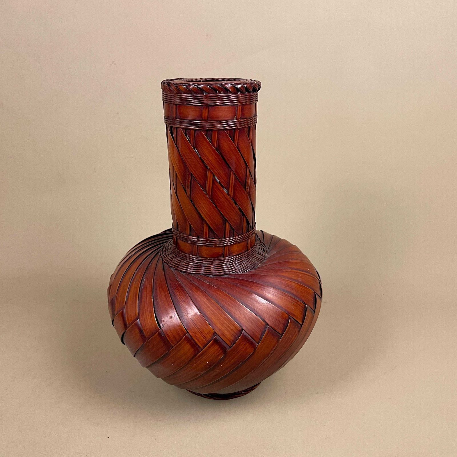 Vintage Japanese Ikebana Vase Bamboo Woven Ceramic Inner C.1950s Table Display Mid Century Decor Hand Woven Natural Home Accent