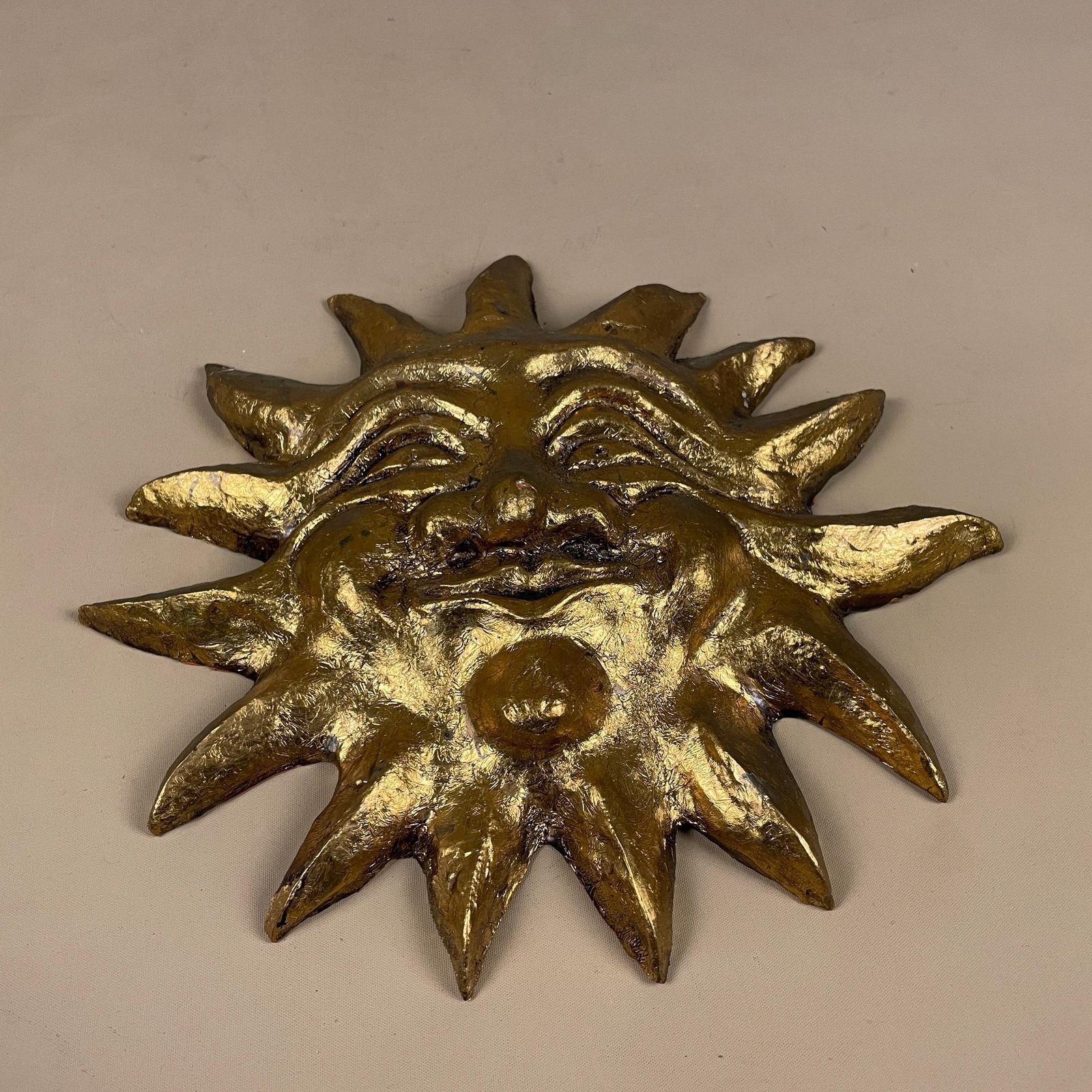 Gold Sun Face Wall Hanging By Sue Hofman Celestial Art Clay Decor Painted Quirky Artwork photo furniture