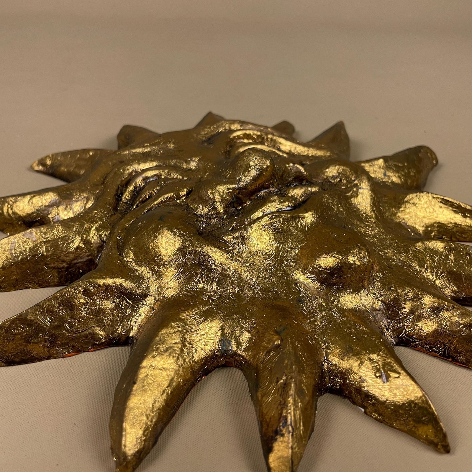 Gold Sun Face Wall Hanging By Sue Hofman Celestial Art Clay Decor Painted Quirky Artwork photo 67.0