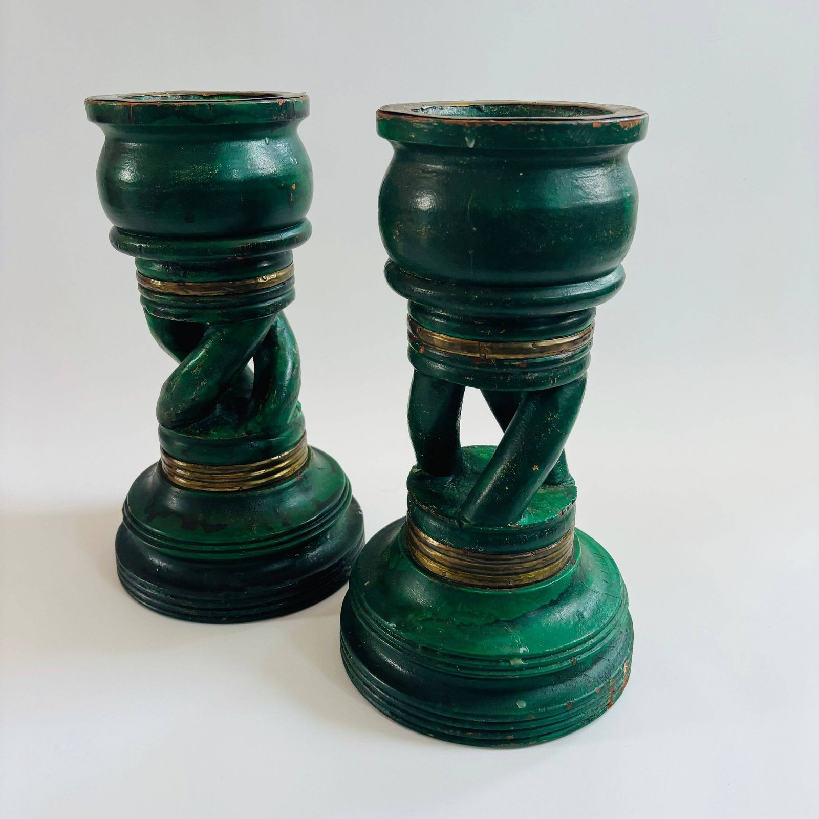 Pair Of Antique Mahogany Torchere Candle Holders: Green & Gold Twist Design photo vintage