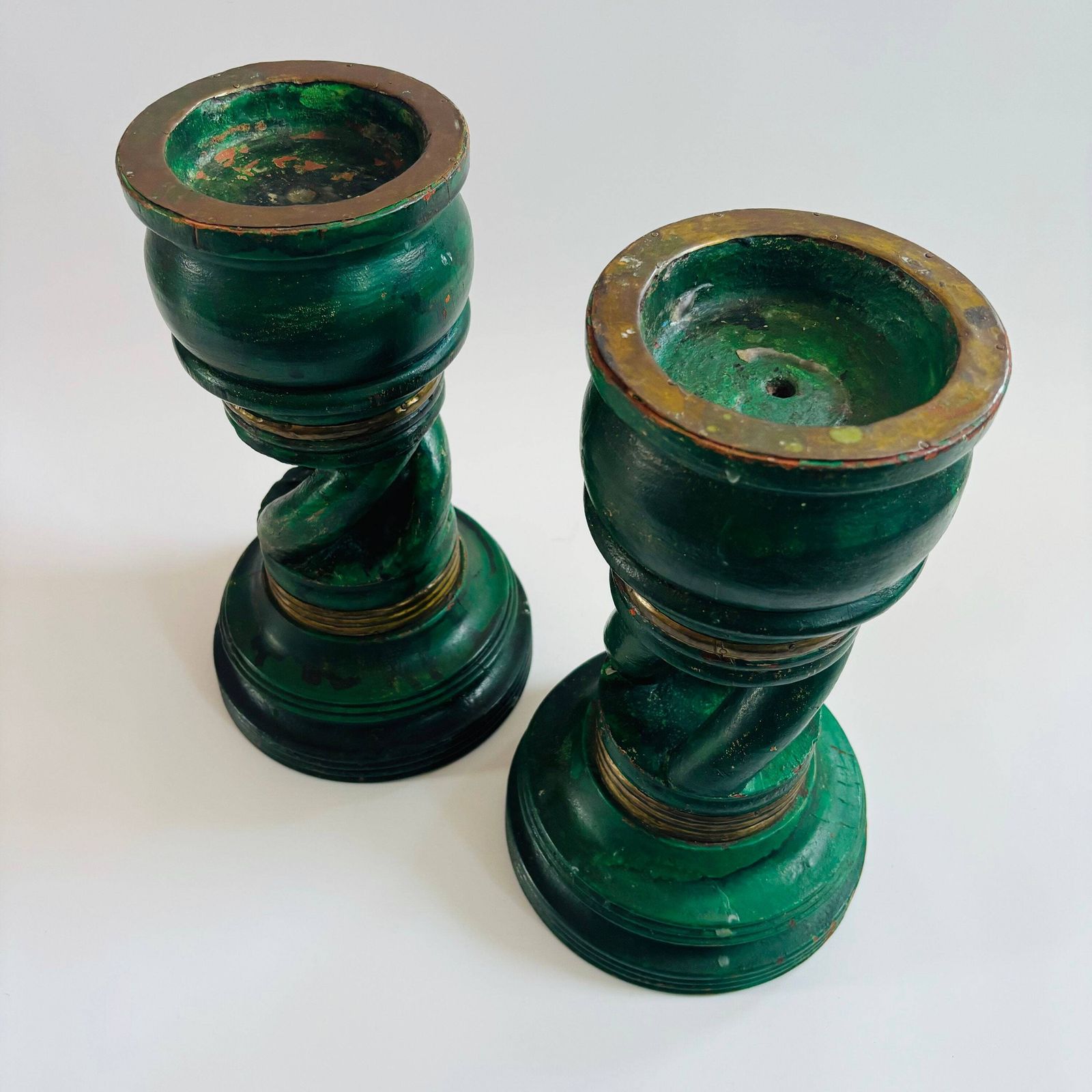 photo furniture Pair Of Antique Mahogany Torchere Candle Holders: Green & Gold Twist Design