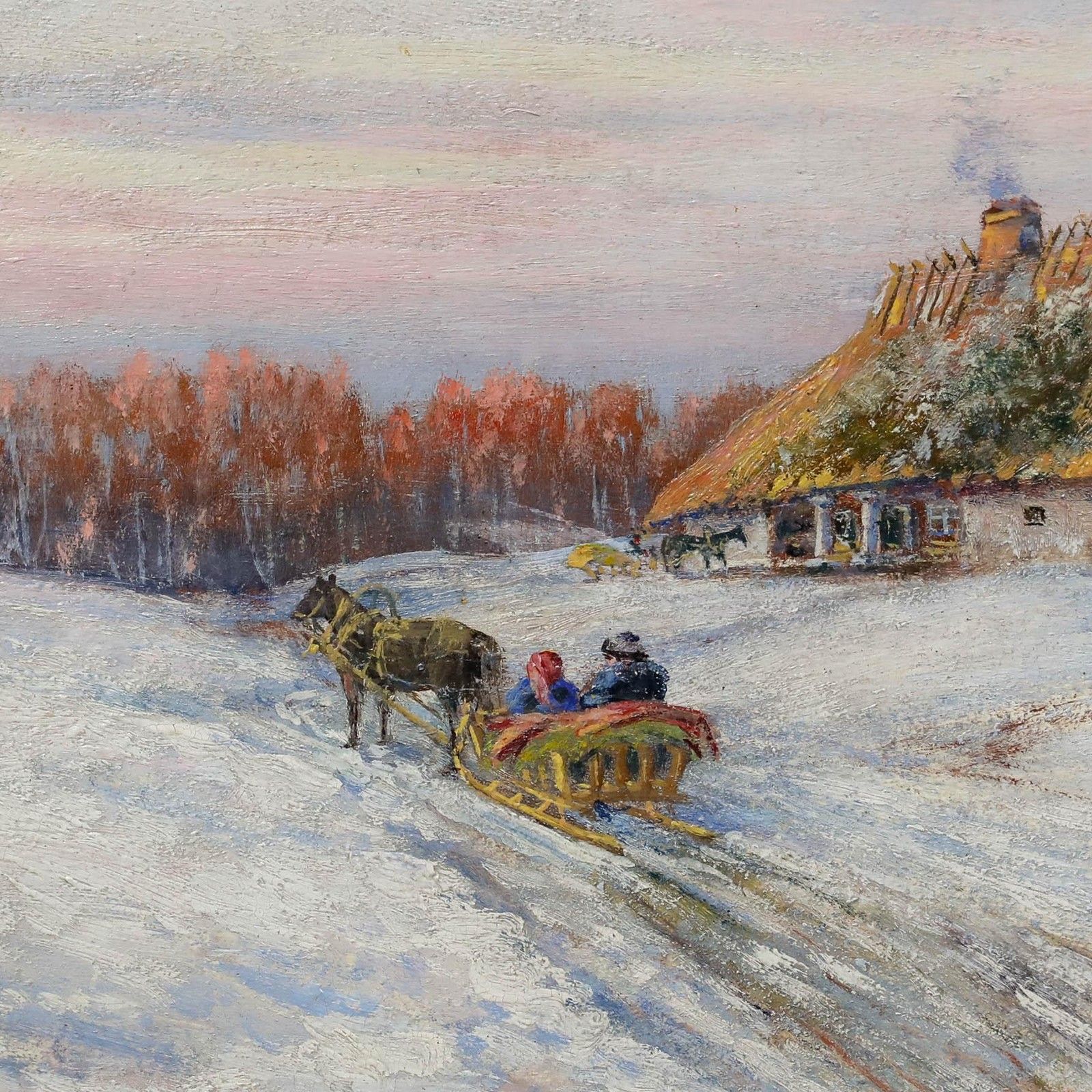 Framed Early 20th Century Oil Dashing Through The Snow photo 325.0