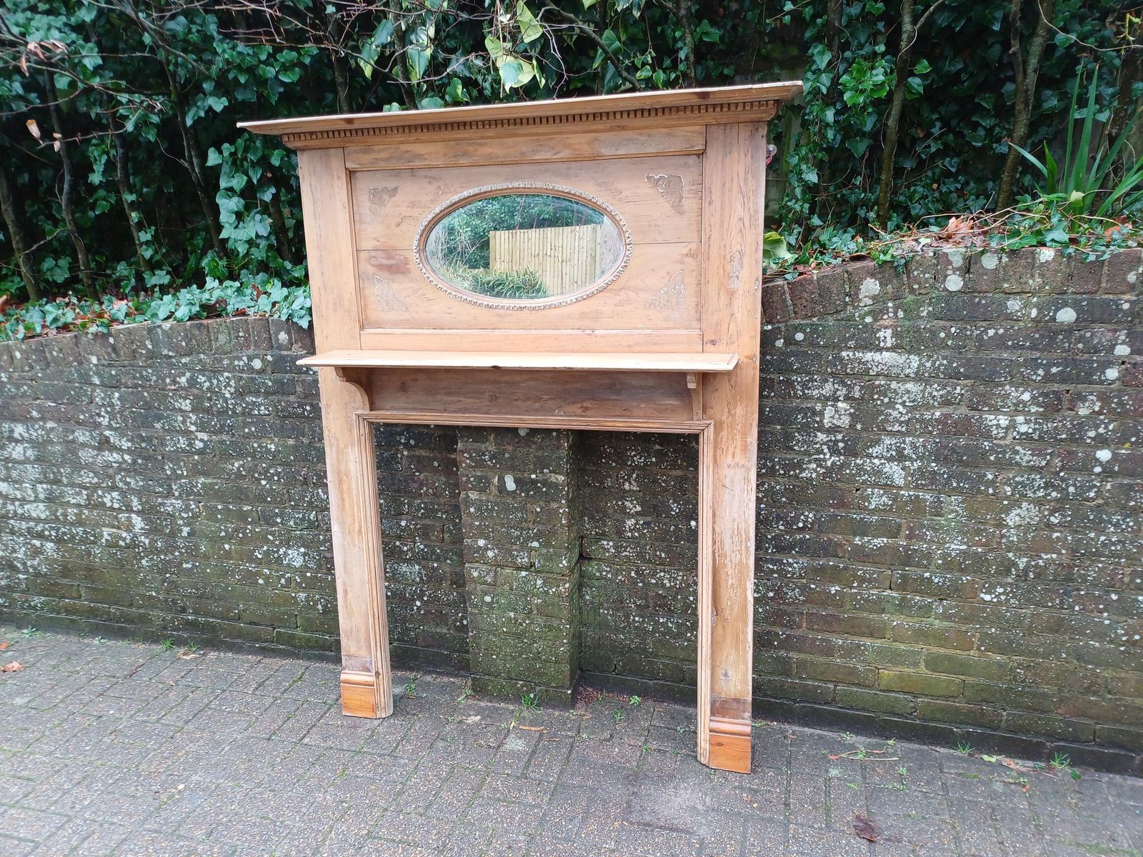 1920s 1930s Stripped Pine Fire Surround With Oval Mirror Original Gesso Detail Distressed Finish Vintage Fireplace Mantel photo furniture