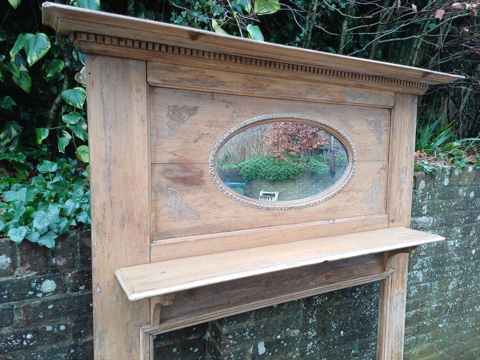 1920s 1930s Stripped Pine Fire Surround With Oval Mirror Original Gesso Detail Distressed Finish Vintage Fireplace Mantel photo 695.0
