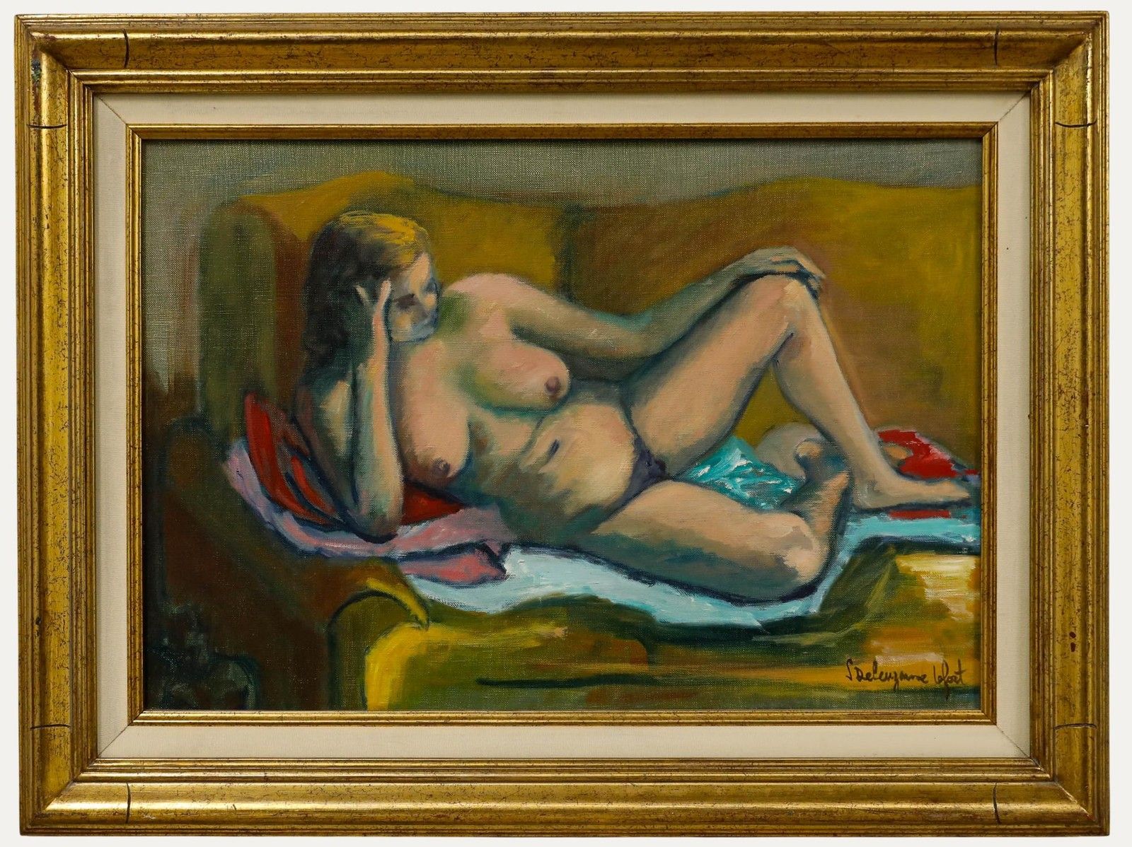 Suzanne Deluzanne Lefort 20th Century Oil, Nude On Yellow Sofa