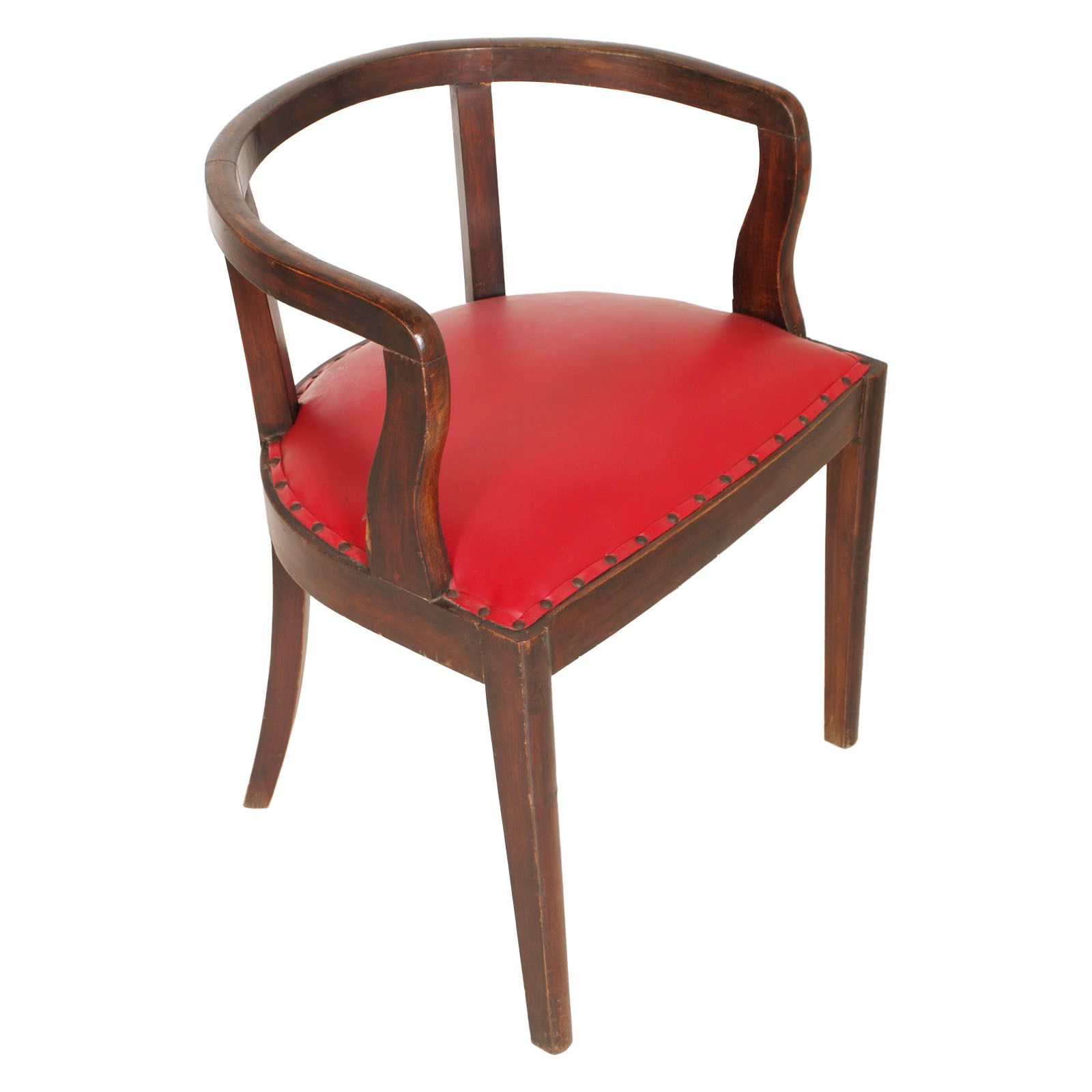French 1920s Art Deco Armchair In Brown Walnut, Red Skin Color Jules Leleu Style