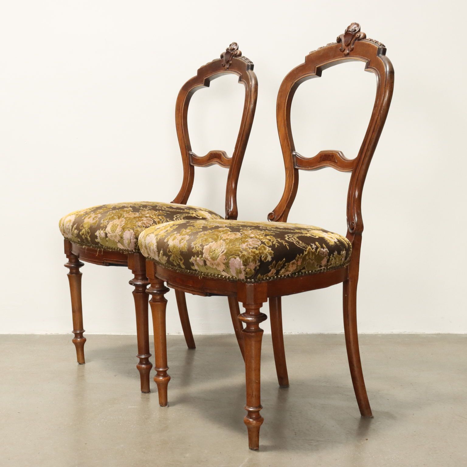 Antique Chairs Walnut Padded Seat Flower Decoration XIX Century photo for sale