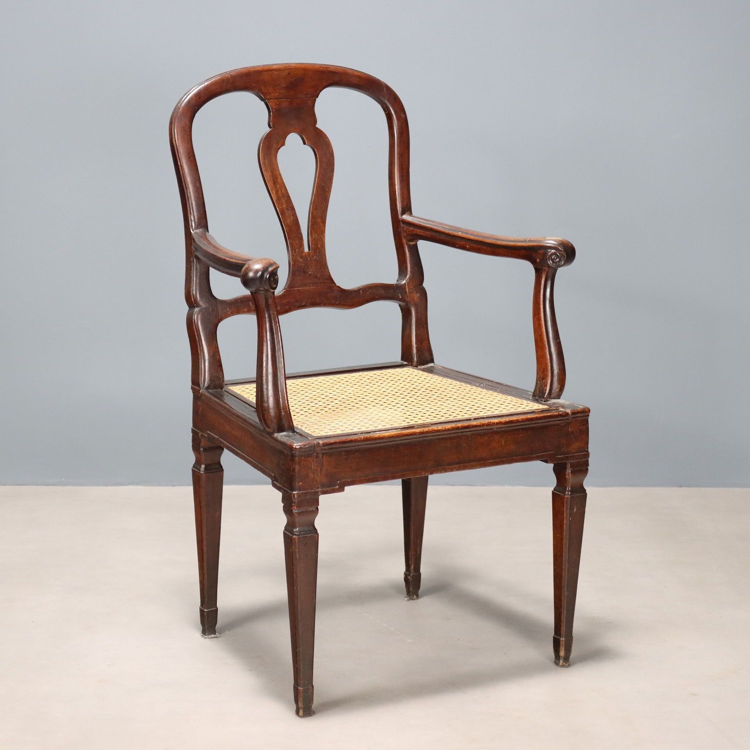Antique Armchair Walnut Caned Seat Italy XVIII Century