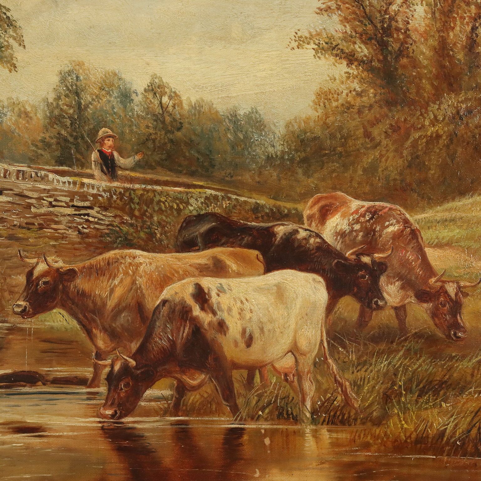 Antique Painting Landscape With Cows Oil On Canvas 1886 photo Art