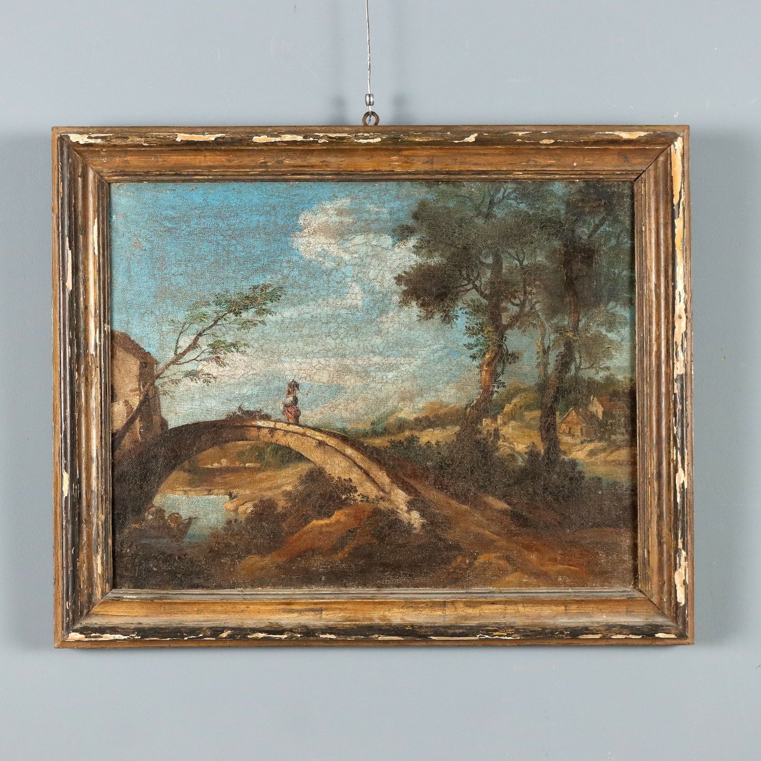 Antique Painting Landscape With Bridge Oil On Canvas XVIII Century