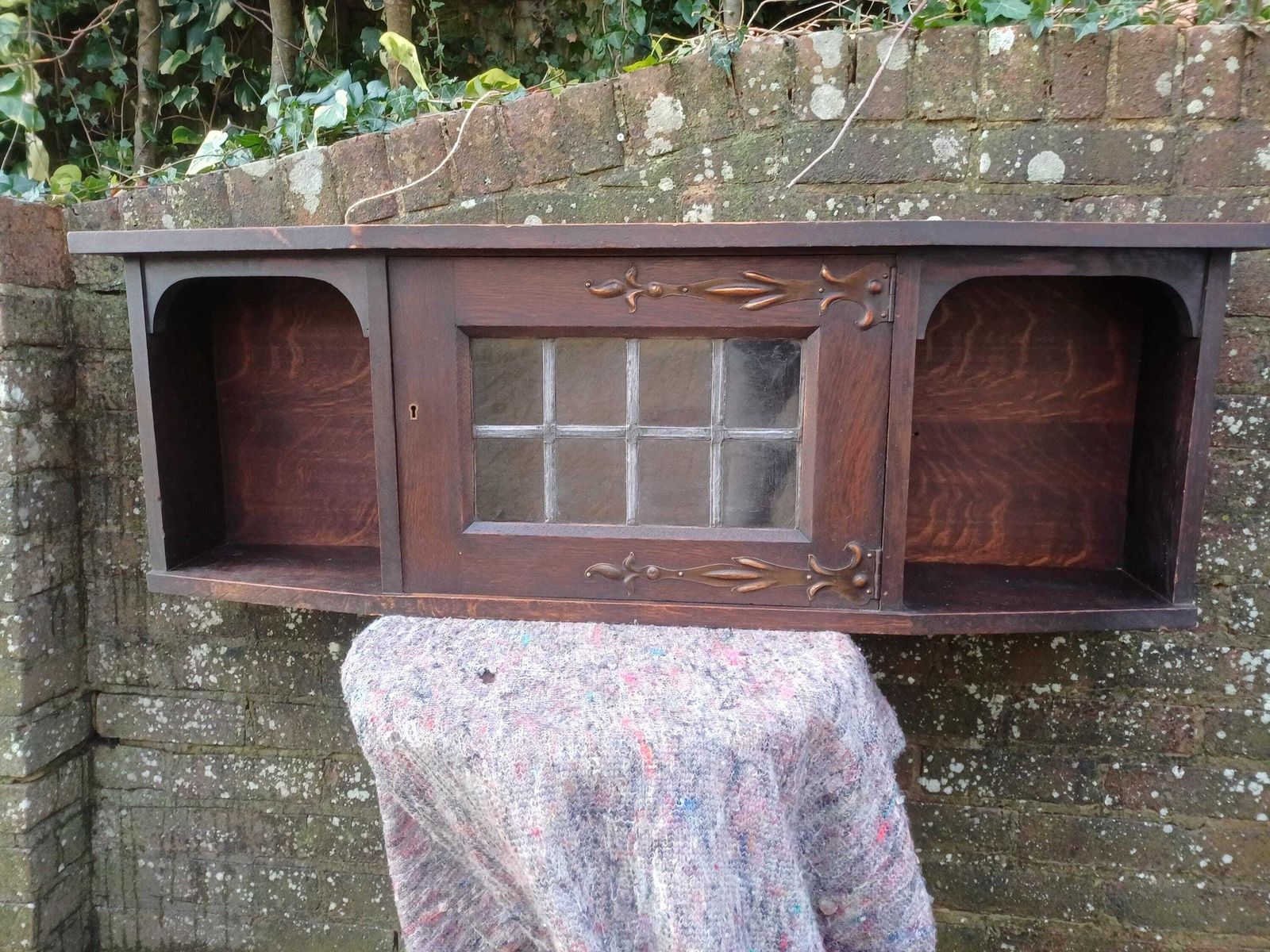 Antique Arts And Crafts Oak Wall Cabinet Shelf Art Nouveau Leaded Glass Cupboard Art Nouveau Hanging Storage Unit