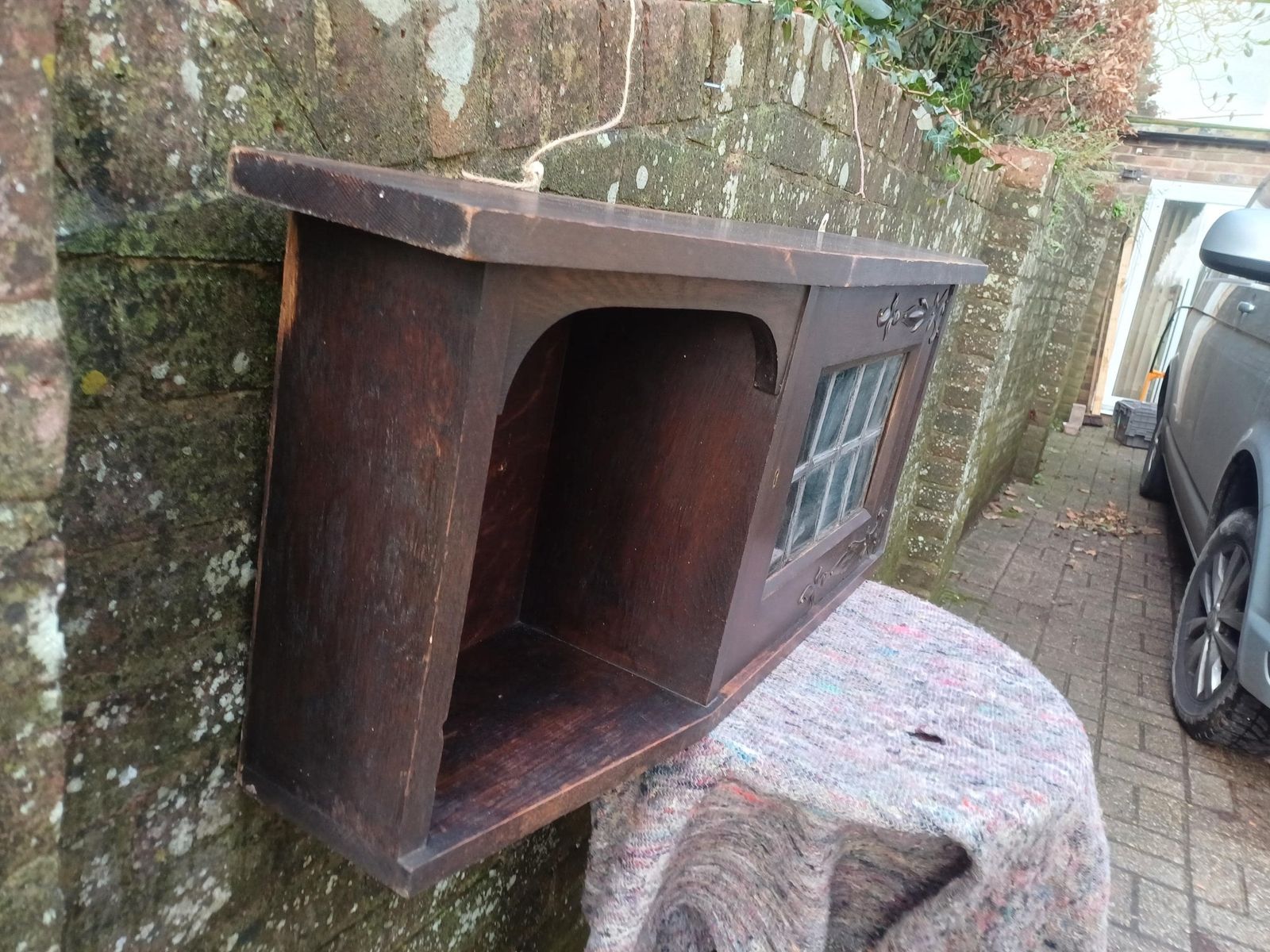 Antique Arts And Crafts Oak Wall Cabinet Shelf Art Nouveau Leaded Glass Cupboard Art Nouveau Hanging Storage Unit photo furniture