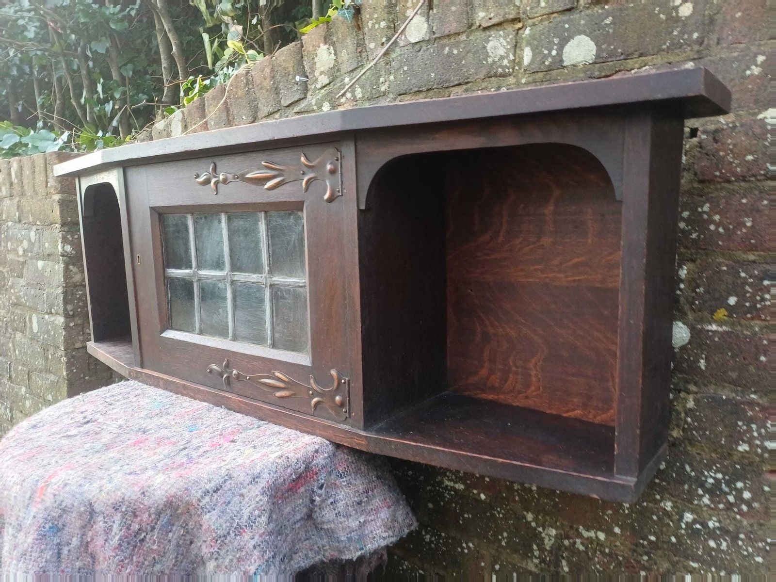 Antique Arts And Crafts Oak Wall Cabinet Shelf Art Nouveau Leaded Glass Cupboard Art Nouveau Hanging Storage Unit photo Furniture
