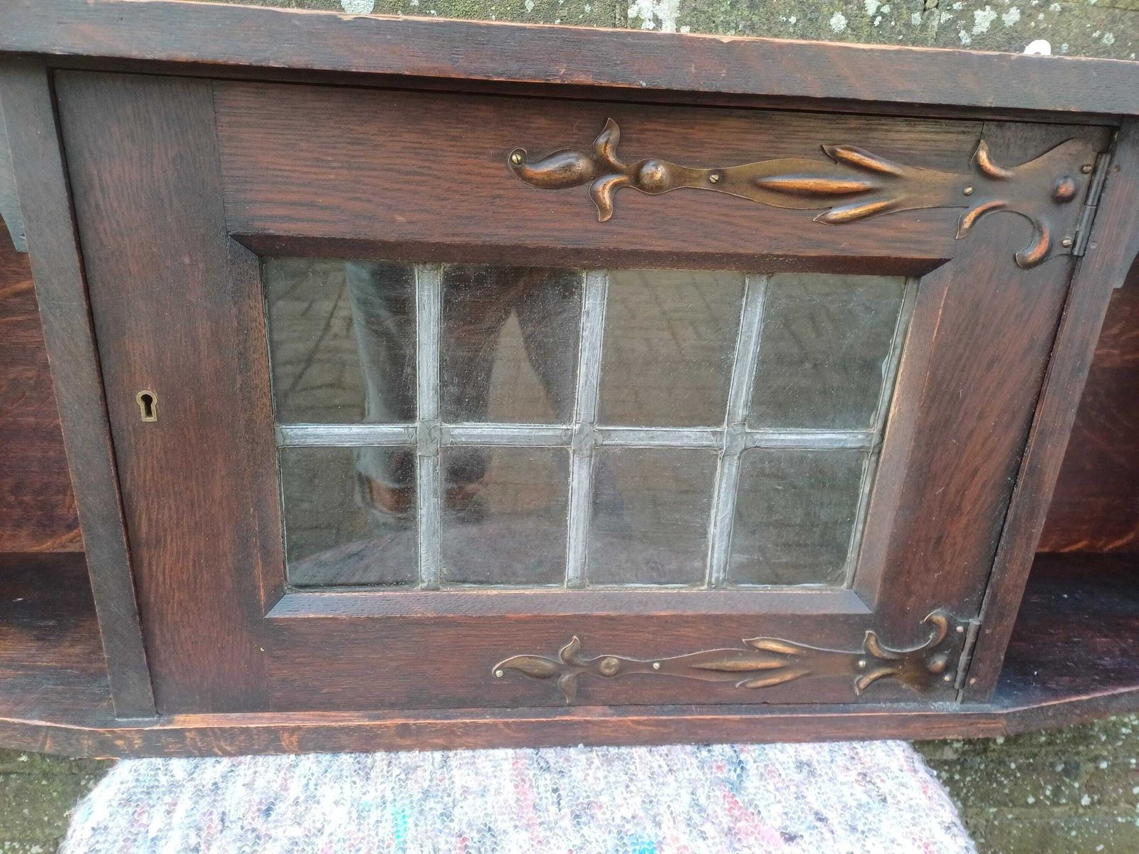 photo furniture Antique Arts And Crafts Oak Wall Cabinet Shelf Art Nouveau Leaded Glass Cupboard Art Nouveau Hanging Storage Unit