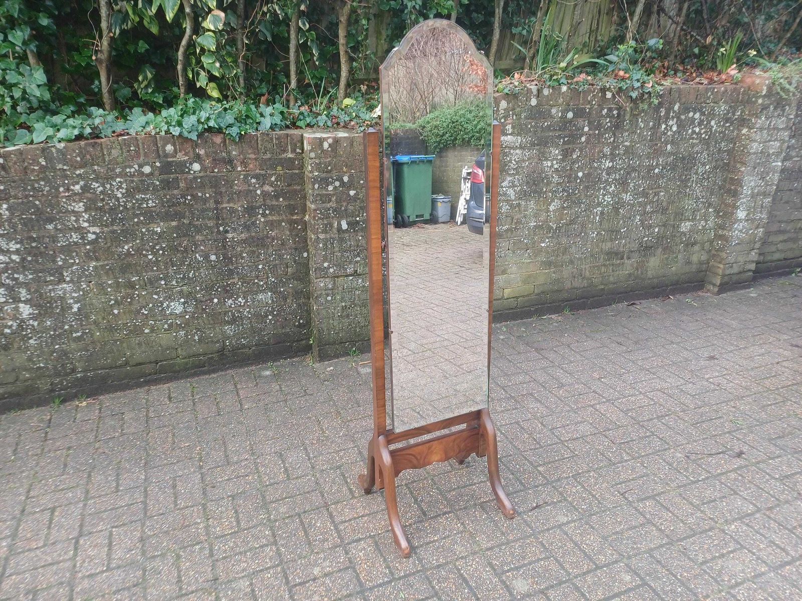 Superior Antique Cheval Mirror Walnut Veneer Oak Feet Bevelled Glass 1920/30s Full Length Tilting Dressing Mirror Art Dec photo 695.0