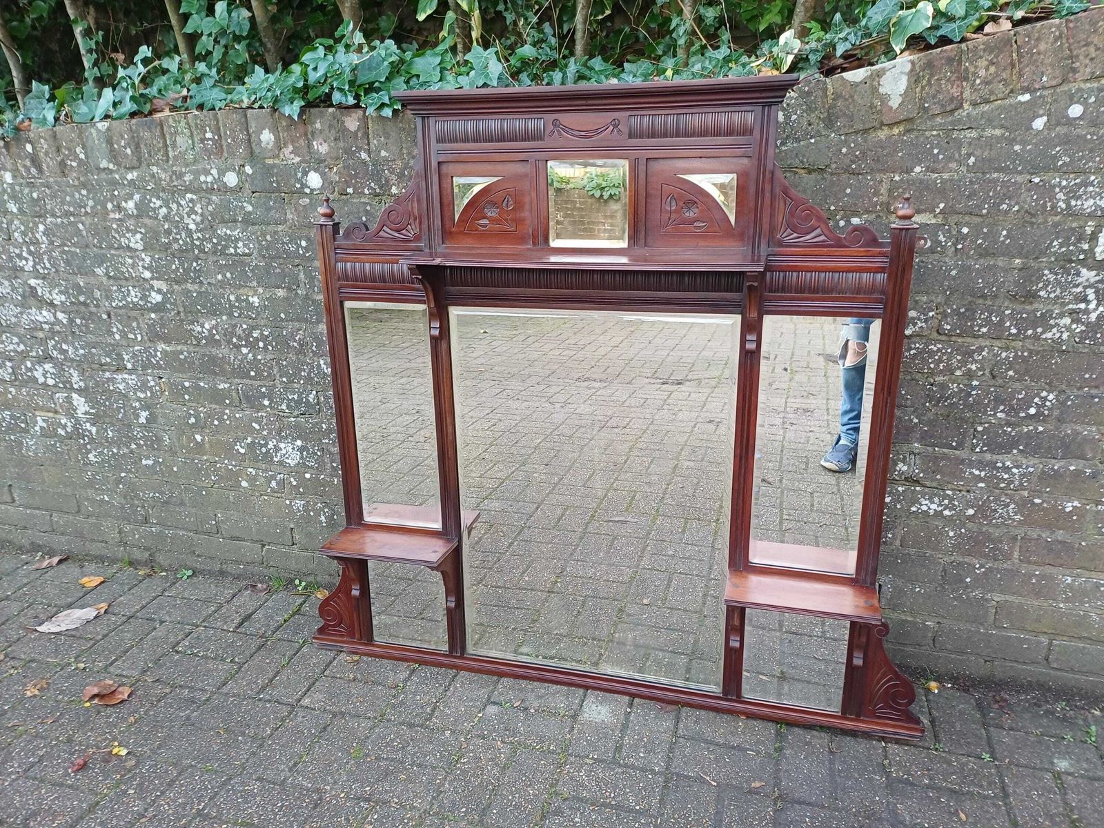 Massive Antique Victorian Over Mantel Mirror With Shelves Ornately Carved Frame, Bevelled Glass, Antique Statement Piece