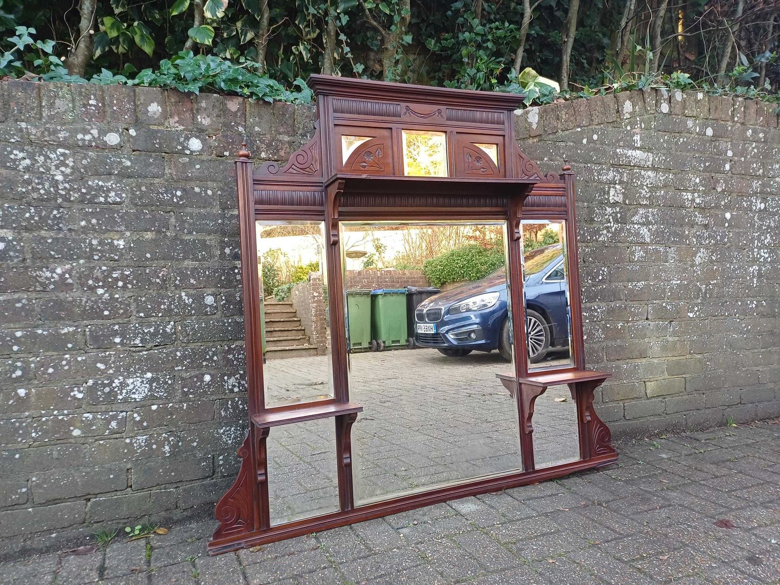 Massive Antique Victorian Over Mantel Mirror With Shelves Ornately Carved Frame, Bevelled Glass, Antique Statement Piece photo for sale