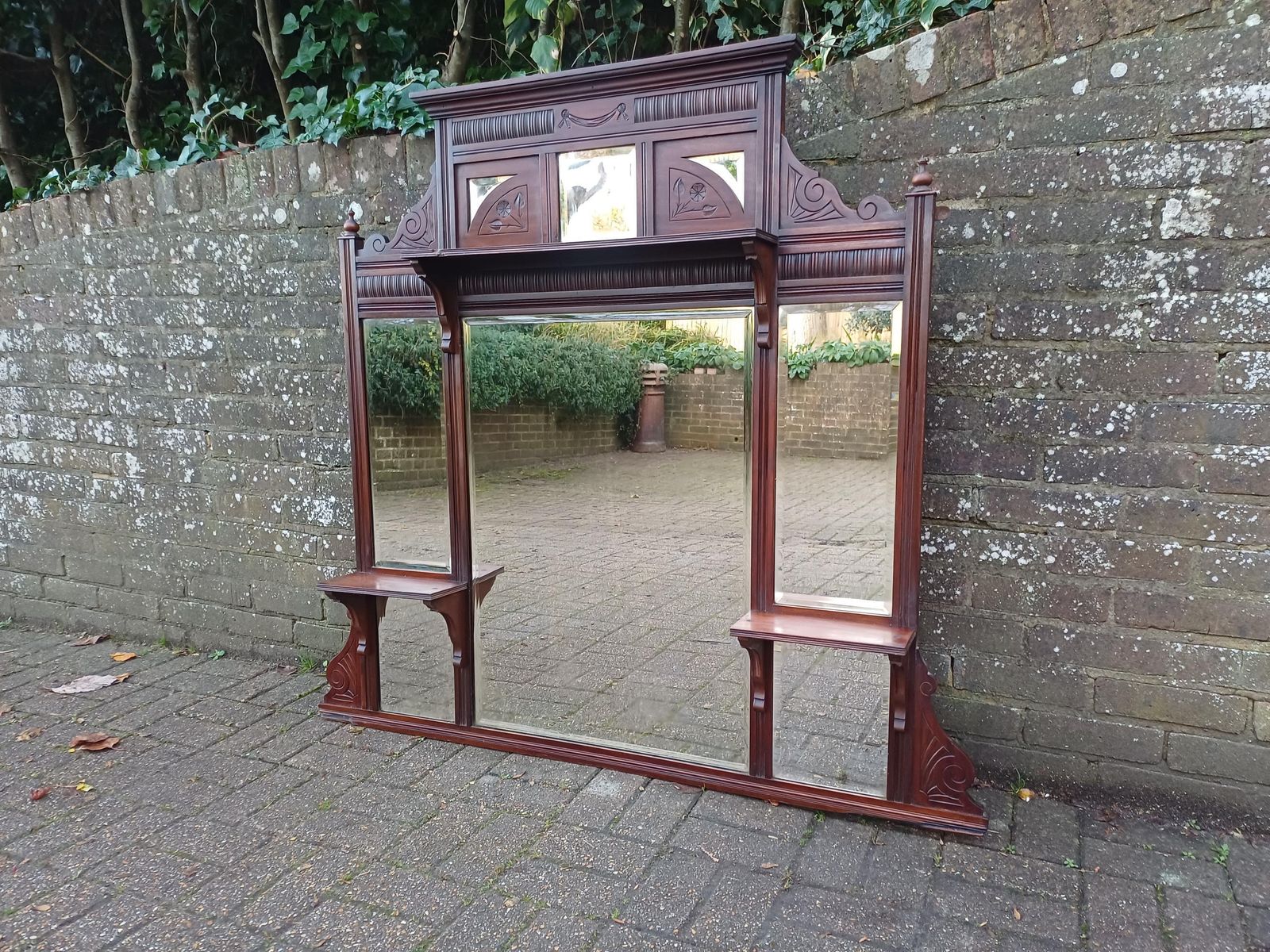 photo buy Massive Antique Victorian Over Mantel Mirror With Shelves Ornately Carved Frame, Bevelled Glass, Antique Statement Piece