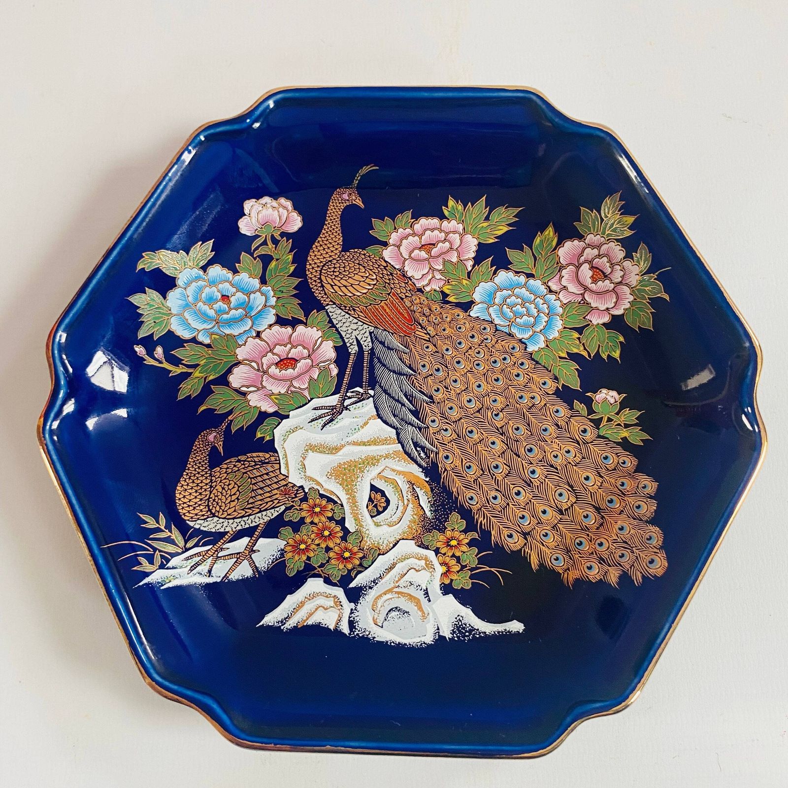 Kutani Porcelain Ceramic Cobalt Blue Dish With Handpainted Peacocks Floral Design Gold Gilt Edging photo furniture