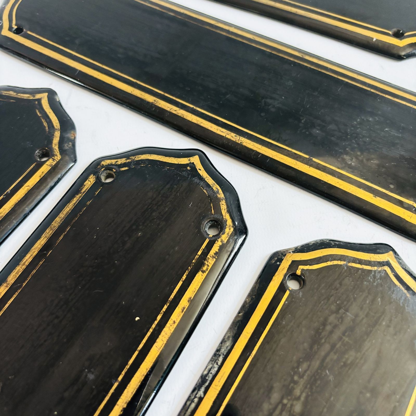 Antique 1920s Art Deco Finger Plates: Black Porcelain With Gold Line, Set Of 5 photo for sale