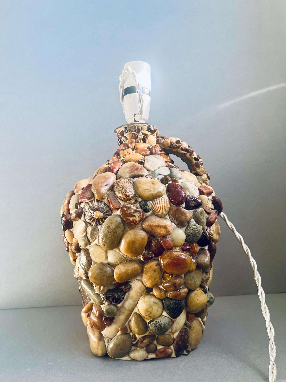 Vintage Shell And Pebble Table Lamp, Coastal Nautical Bottle Lamp, 1970s Folk Art Seaside Decor, Rewired & Pat Tested, Boho Beach House photo furniture